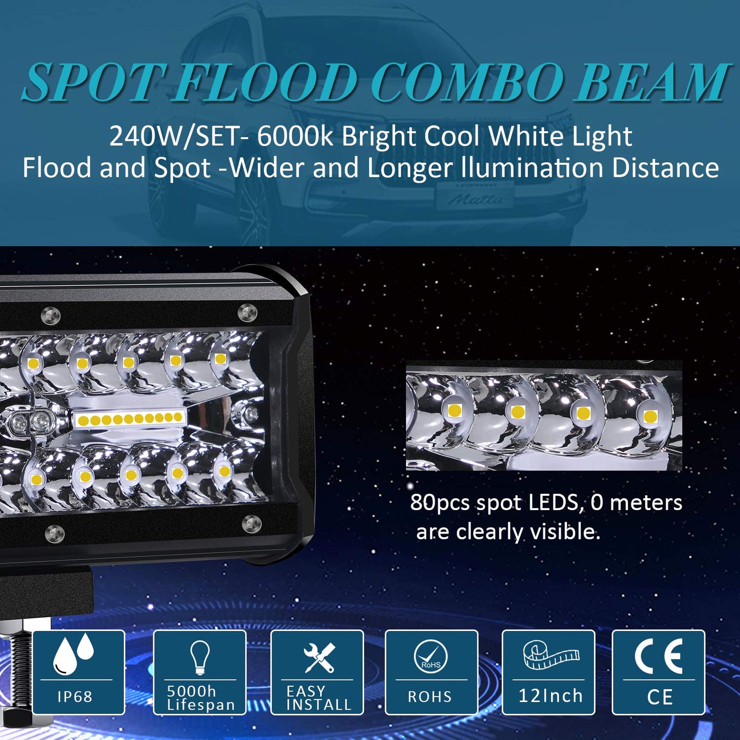 Kraumi Faro Trabajo LED de Coche 12V 7’’ 300W Faros Led 27,000LM 6000K IP67 Impermeable Off-road Foco para Moto ATV SUV Tractor Camión Barco