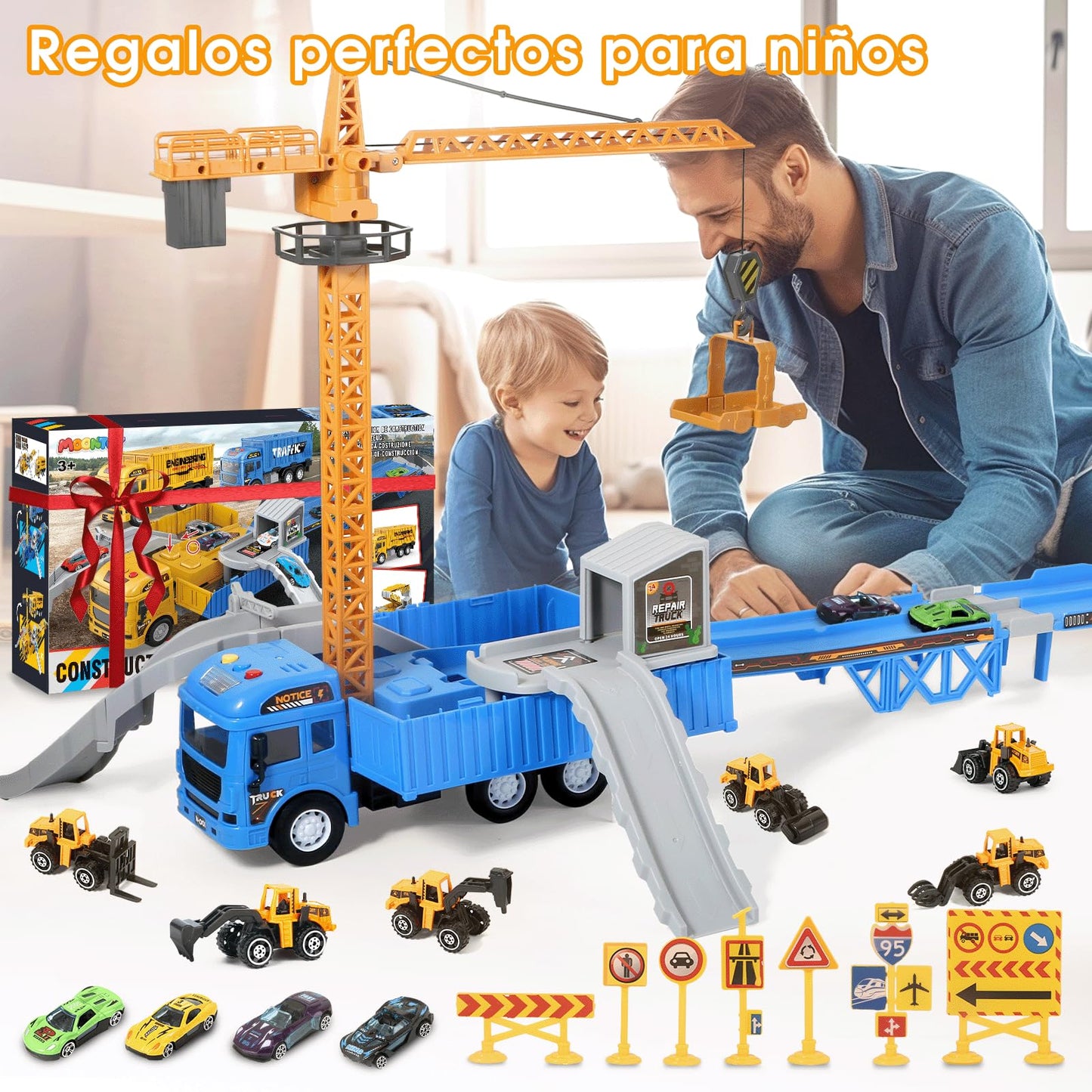 MOONTOY Construcción Camión Vehículos de Juguete con Luces y Sonidos Camión de Juguete con Eyección Pista Grúa de Juguete Grande Excavadora Juguete Cumpleaño Regalo para 3 4 5 6 7 8+ Años