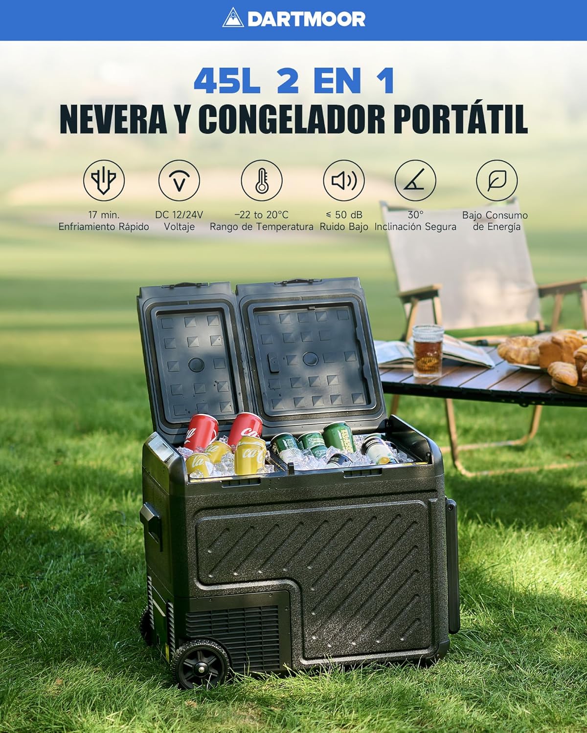 DARTMOOR Nevera Congelador para Coche, 45L Nevera de Vaje Compresor Portátil de Doble Zona con Ruedas, DC 12/24V y AC 100-240V, Nevera Eléctrica para Camping, Viajes -22°C a 20°C