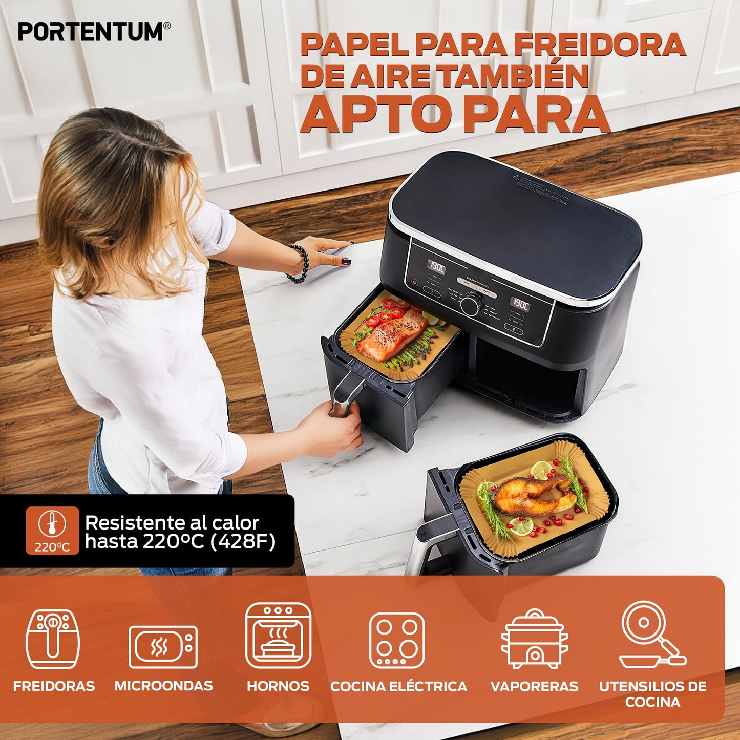 PORTENTUM Papel freidora aire 100 unidades de 20-24 cm Cuadrado. Papel Air Fryer Grado alimenticio BPA free, FDA y LFGB