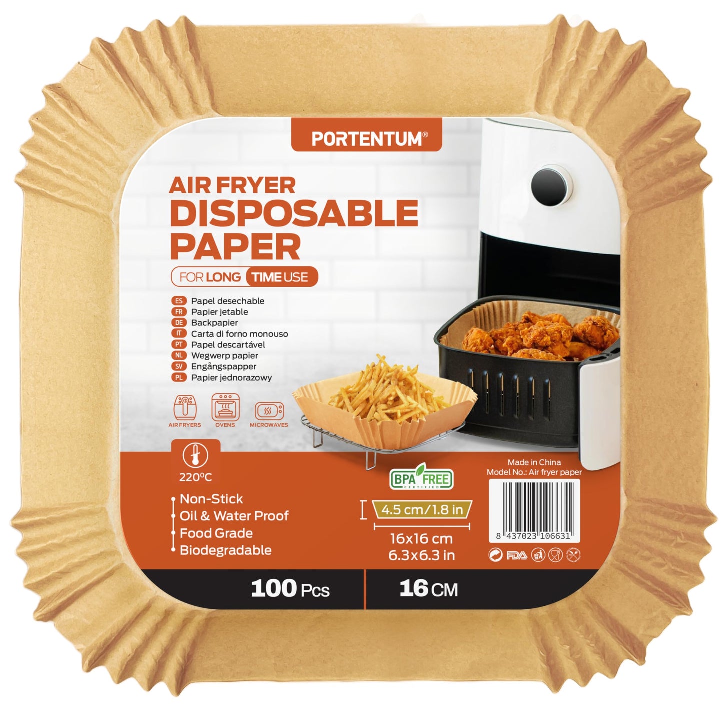 PORTENTUM Papel freidora aire 100 unidades de 20-24 cm Cuadrado. Papel Air Fryer Grado alimenticio BPA free, FDA y LFGB