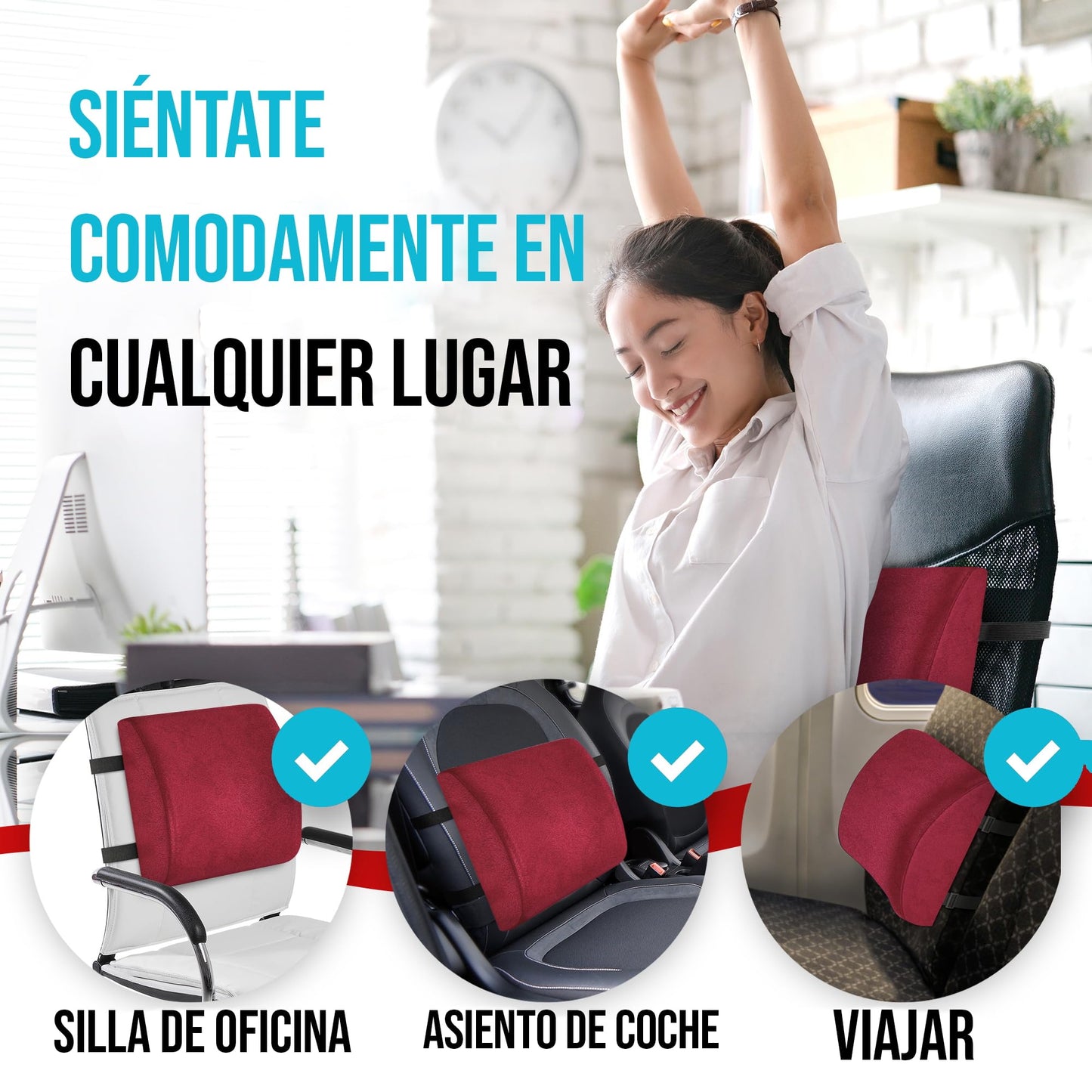 FORTEM Cojín Lumbar Ergonómico para Silla de Oficina, Coche y Gaming, con Espuma Viscoelástica de Alta Densidad y Funda Lavable, Respaldo Ortopédico para Mayor Comodidad