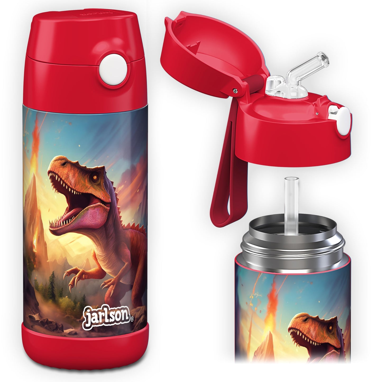 Jarlson®, Botella térmica de acero inoxidable, para niños, libre de BPA, botella para bebidas con pajilla, termo de 500 ml (Camión de bomberos rojo, 500 ml)