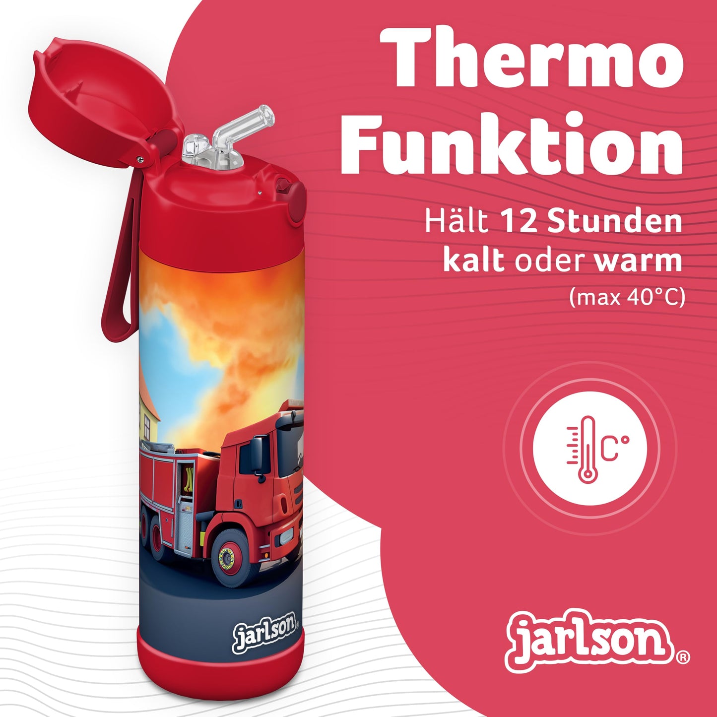 Jarlson®, Botella térmica de acero inoxidable, para niños, libre de BPA, botella para bebidas con pajilla, termo de 500 ml (Camión de bomberos rojo, 500 ml)