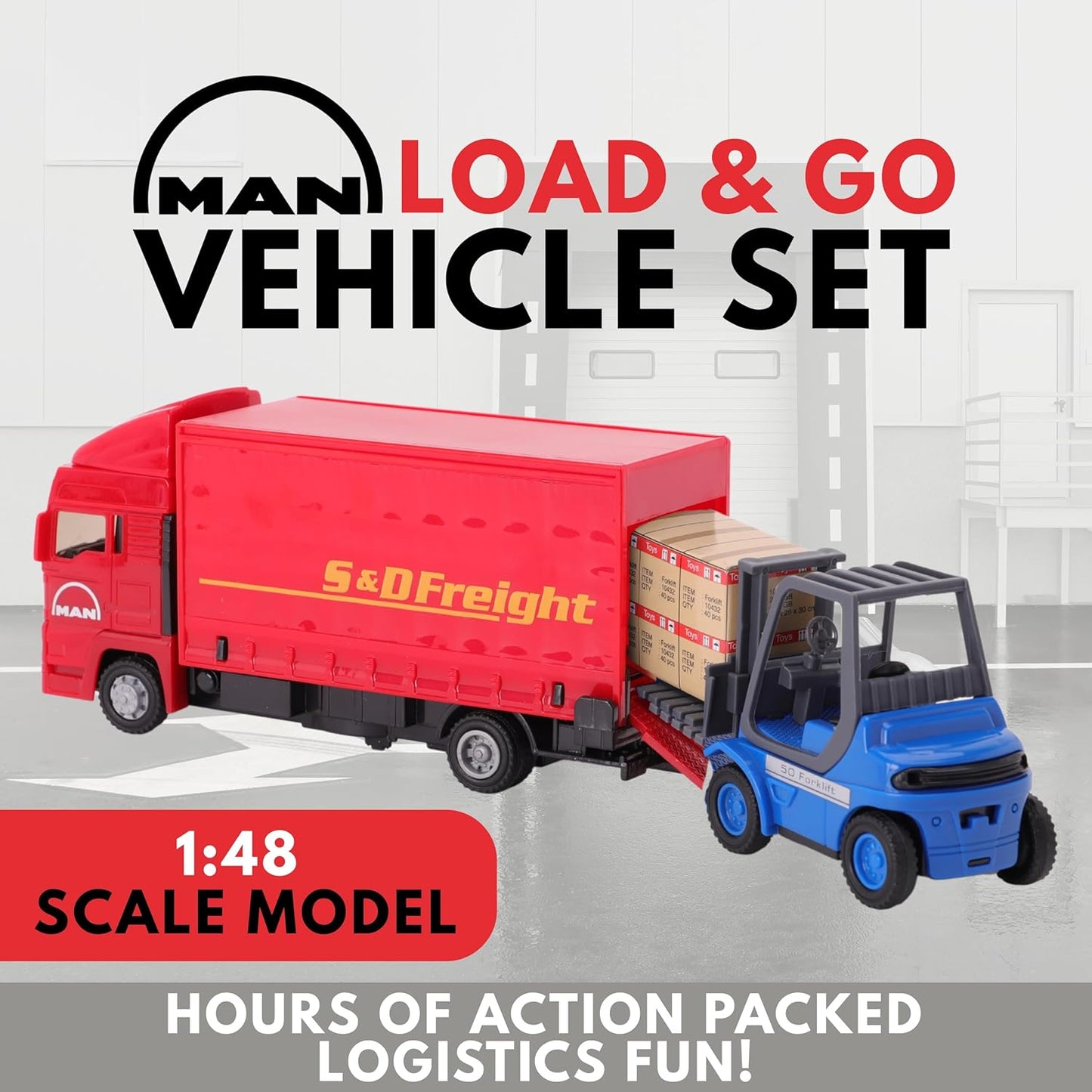 Toyland® - Juego de vehículos Load and Go - Camión de Carga Scania con Carretilla elevadora y Paleta - Juguetes para vehículos de Transporte - Juguetes para niños (Rojo)
