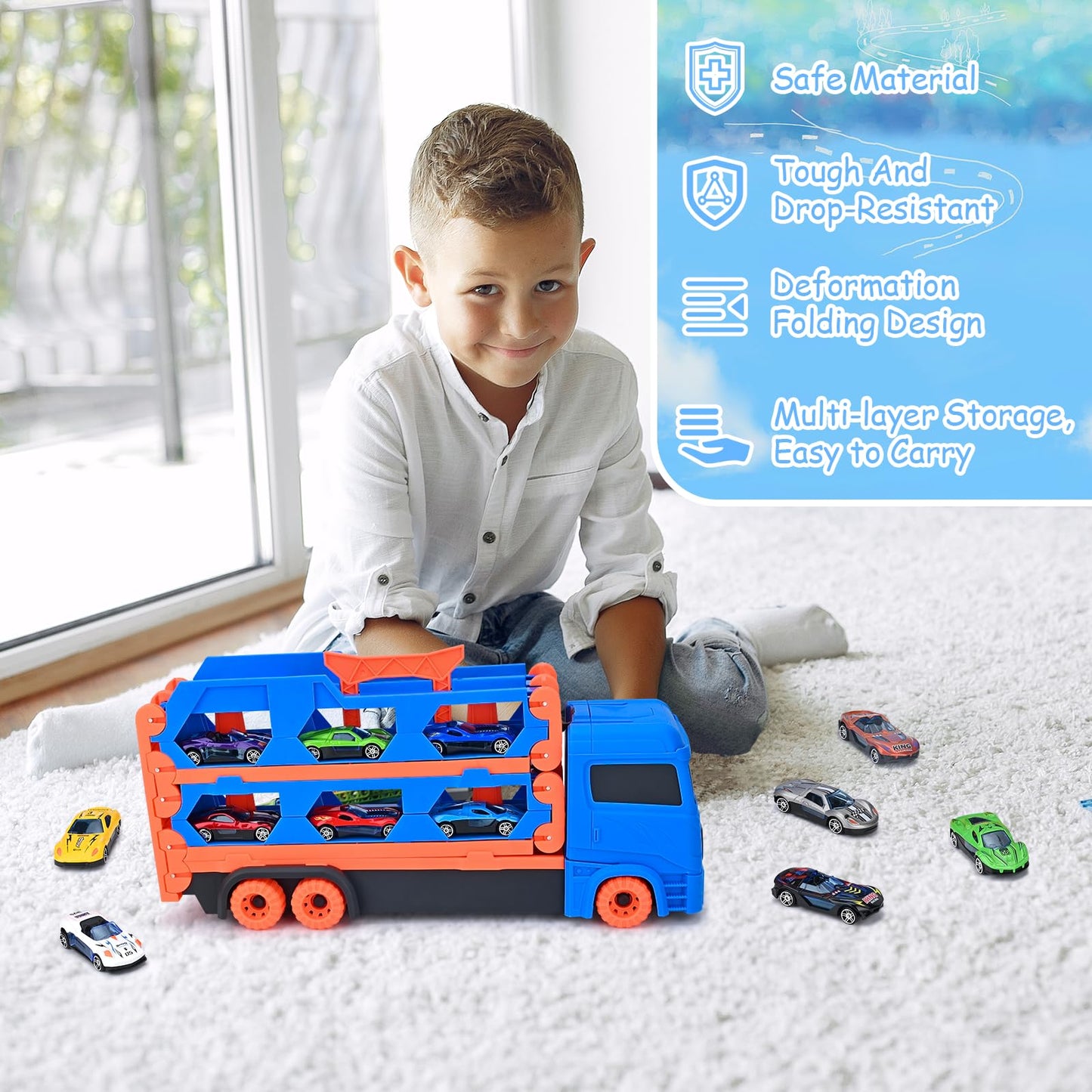 Xoolkly Camiones de Juguete Eyección Pista de Carreras Camión Juguetes Portátil Camión de Transporte Juguetes Niños 3 Años con 12 Mini Vehículos Coches Juguete para Niños 3 4 5 Años, Roja