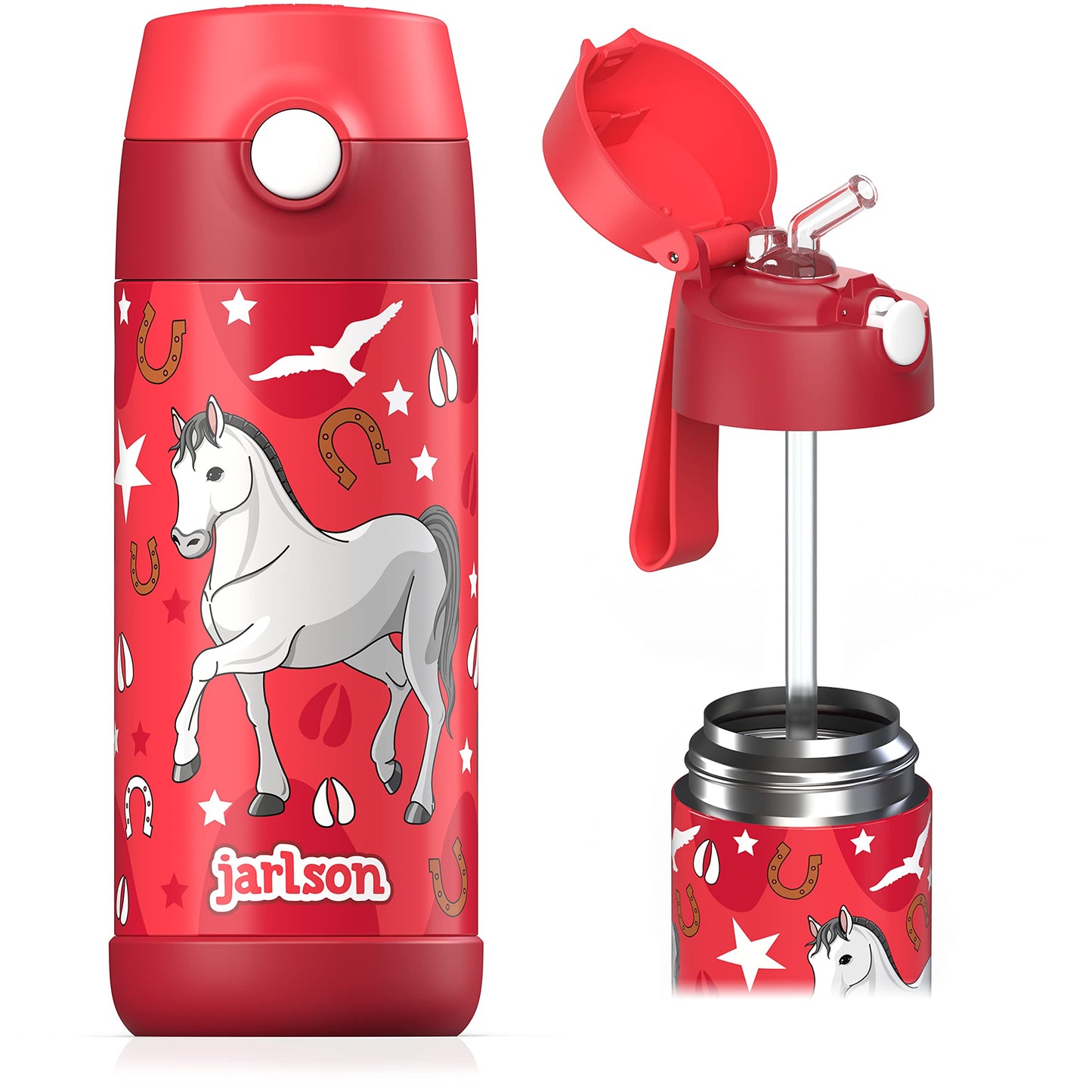 Jarlson®, Botella térmica de acero inoxidable, para niños, libre de BPA, botella para bebidas con pajilla, termo de 500 ml (Camión de bomberos rojo, 500 ml)