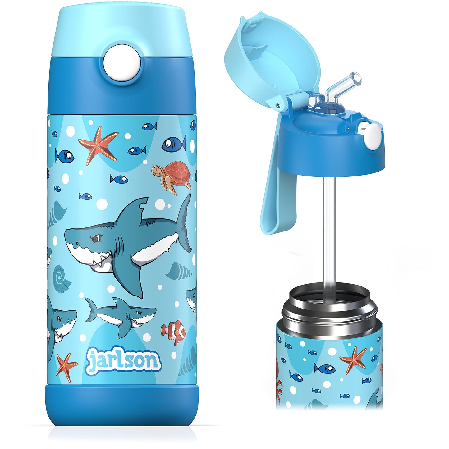 Jarlson®, Botella térmica de acero inoxidable, para niños, libre de BPA, botella para bebidas con pajilla, termo de 500 ml (Camión de bomberos rojo, 500 ml)