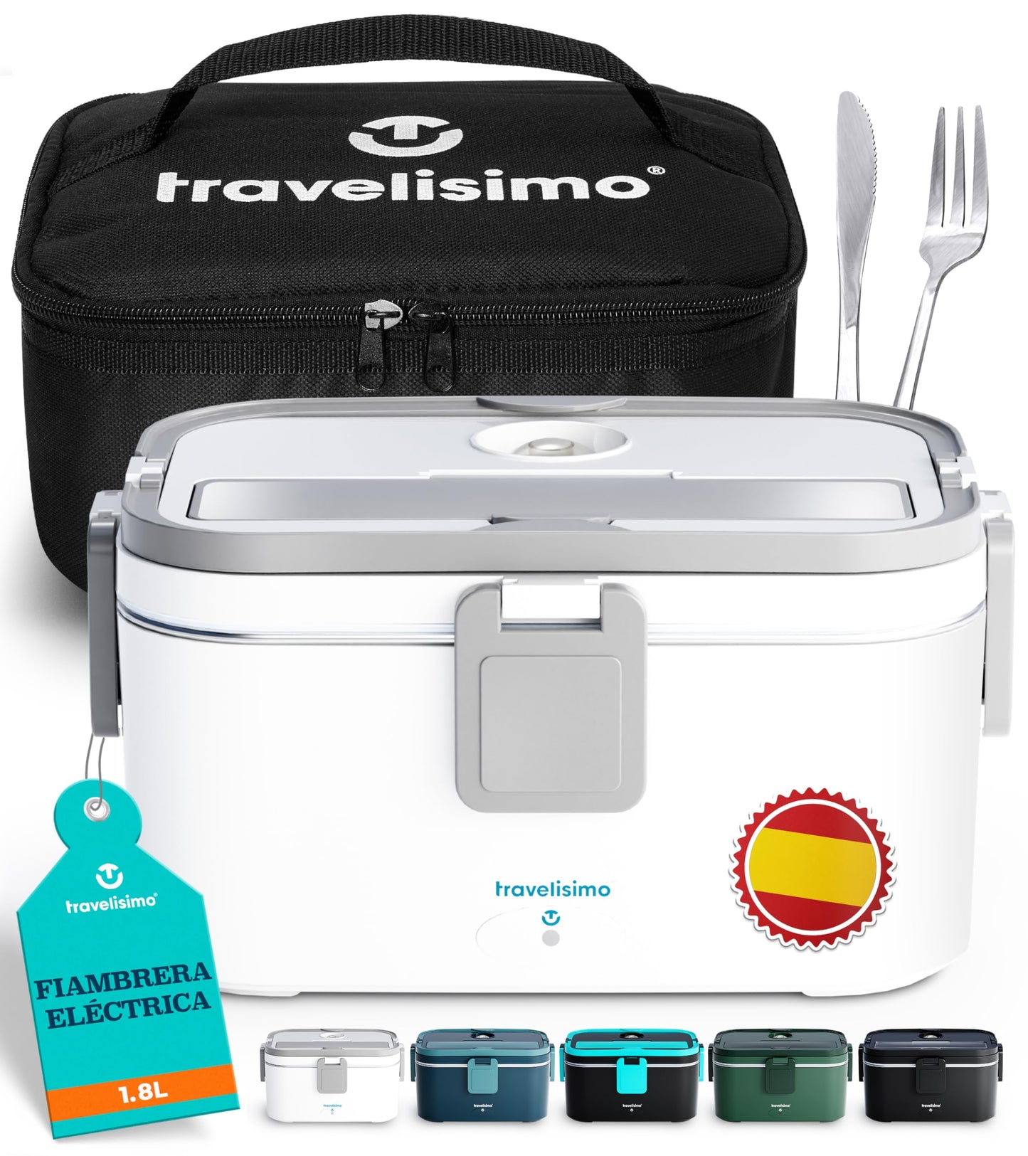 TRAVELISIMO - Fiambrera Electrica Extra Grande 1,8L - Taper Electrico para Comida 80W - Fiambrera Termica 3 en 1 12V/24V/220V - Fiambreras Comida Trabajo para Coche, Camión - Acero Inoxidable