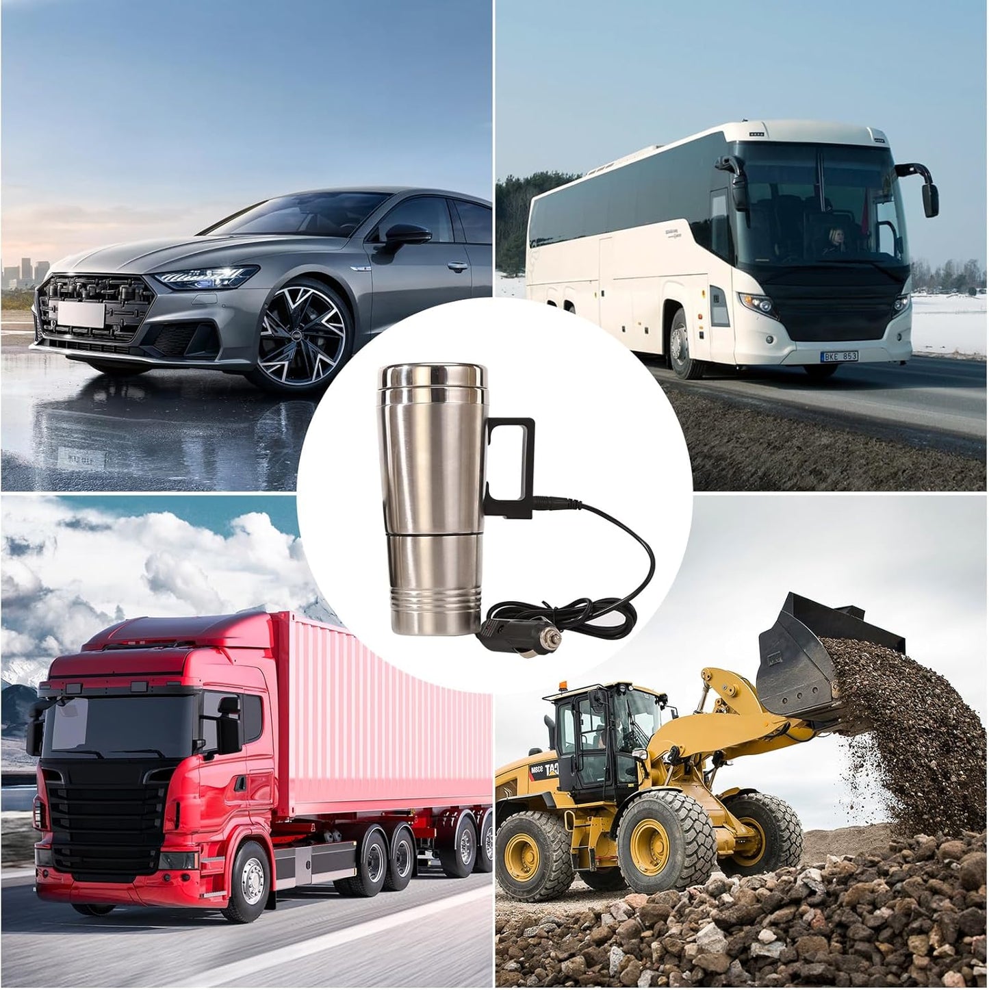 Ldafava Taza Calefactora Para Coche, Taza De Viaje Calefactable De Acero Inoxidable De 14 Onzas Con Tapa Antiderrames, Cable para encendedor de cigarrillos, cargador automático, termo aislado(24V)