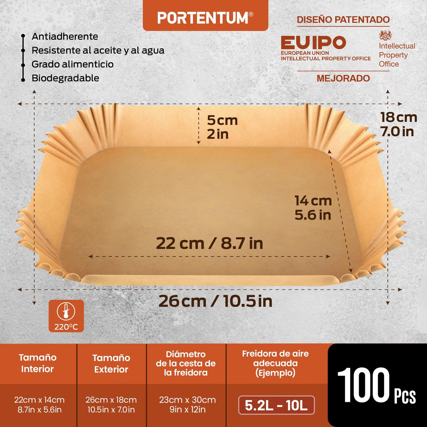 PORTENTUM Papel freidora aire 100 unidades de 20-24 cm Cuadrado. Papel Air Fryer Grado alimenticio BPA free, FDA y LFGB