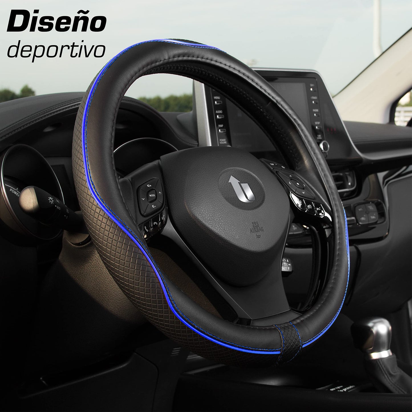 Upgrade4cars Funda Volante Coche Azul Negro Universal Poli-Piel | Cubre 37-38 cm Diámetro Exterior | Accesorios Coches Interior Decoracion Cubierta | Ideas Regalos