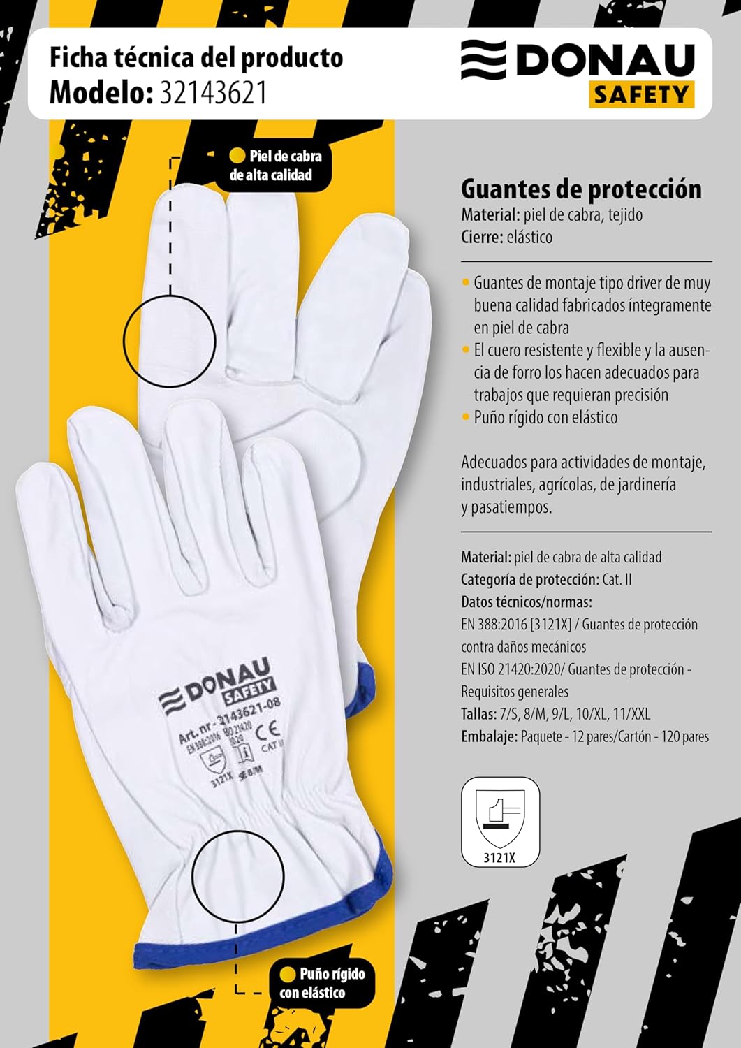 DONAU SAFETY Guantes de trabajo premium de piel de cabra / 1 par/talla 11/XXL/blanco/guantes de piel con muñeca elástica, guantes de montaje, guantes de seguridad para conductor, guantes de seguridad
