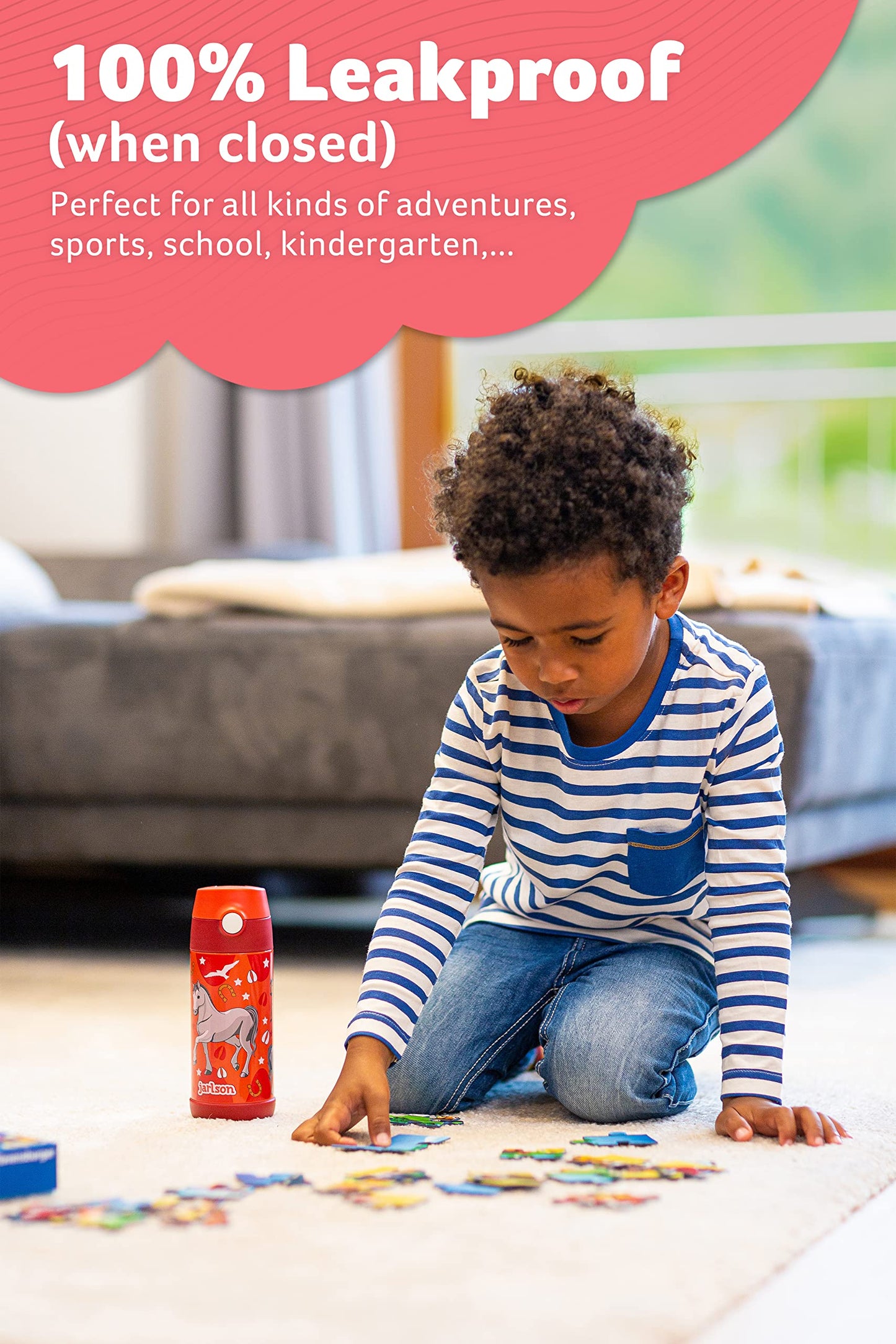 Jarlson®, Botella térmica de acero inoxidable, para niños, libre de BPA, botella para bebidas con pajilla, termo de 500 ml (Camión de bomberos rojo, 500 ml)