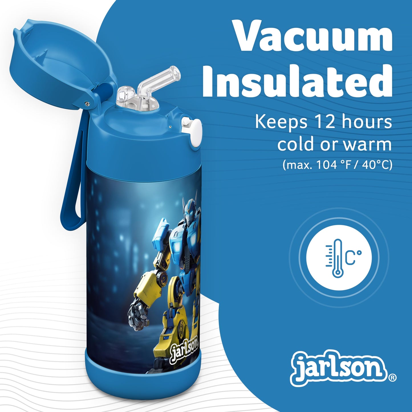 Jarlson®, Botella térmica de acero inoxidable, para niños, libre de BPA, botella para bebidas con pajilla, termo de 500 ml (Camión de bomberos rojo, 500 ml)