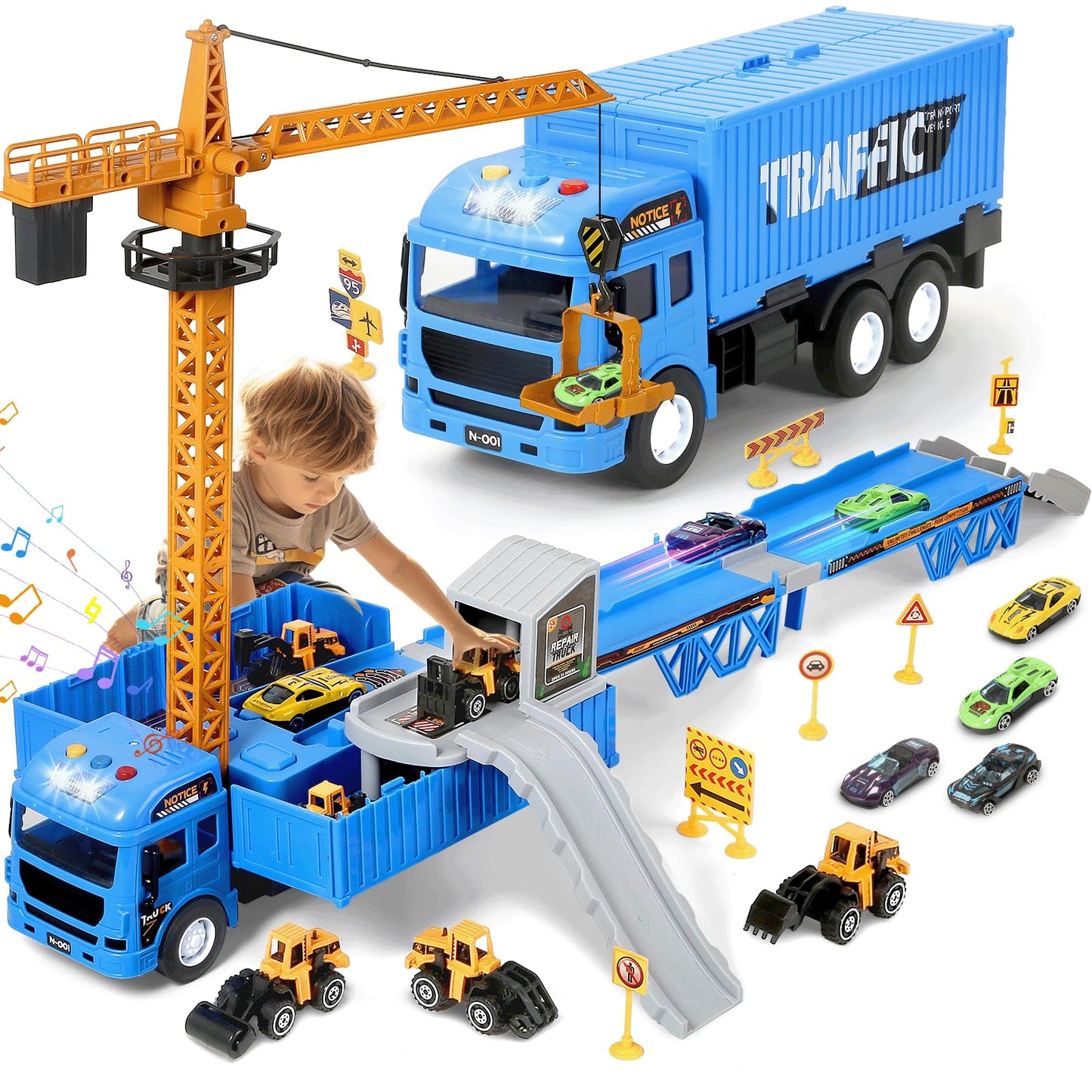 MOONTOY Construcción Camión Vehículos de Juguete con Luces y Sonidos Camión de Juguete con Eyección Pista Grúa de Juguete Grande Excavadora Juguete Cumpleaño Regalo para 3 4 5 6 7 8+ Años