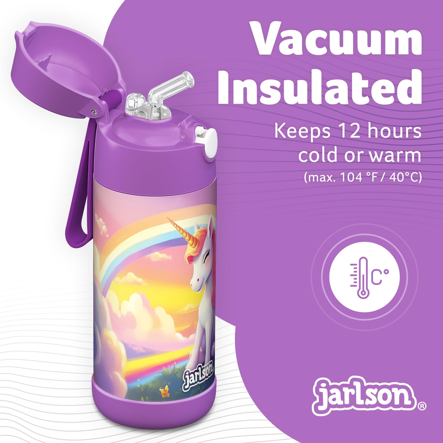 Jarlson®, Botella térmica de acero inoxidable, para niños, libre de BPA, botella para bebidas con pajilla, termo de 500 ml (Camión de bomberos rojo, 500 ml)