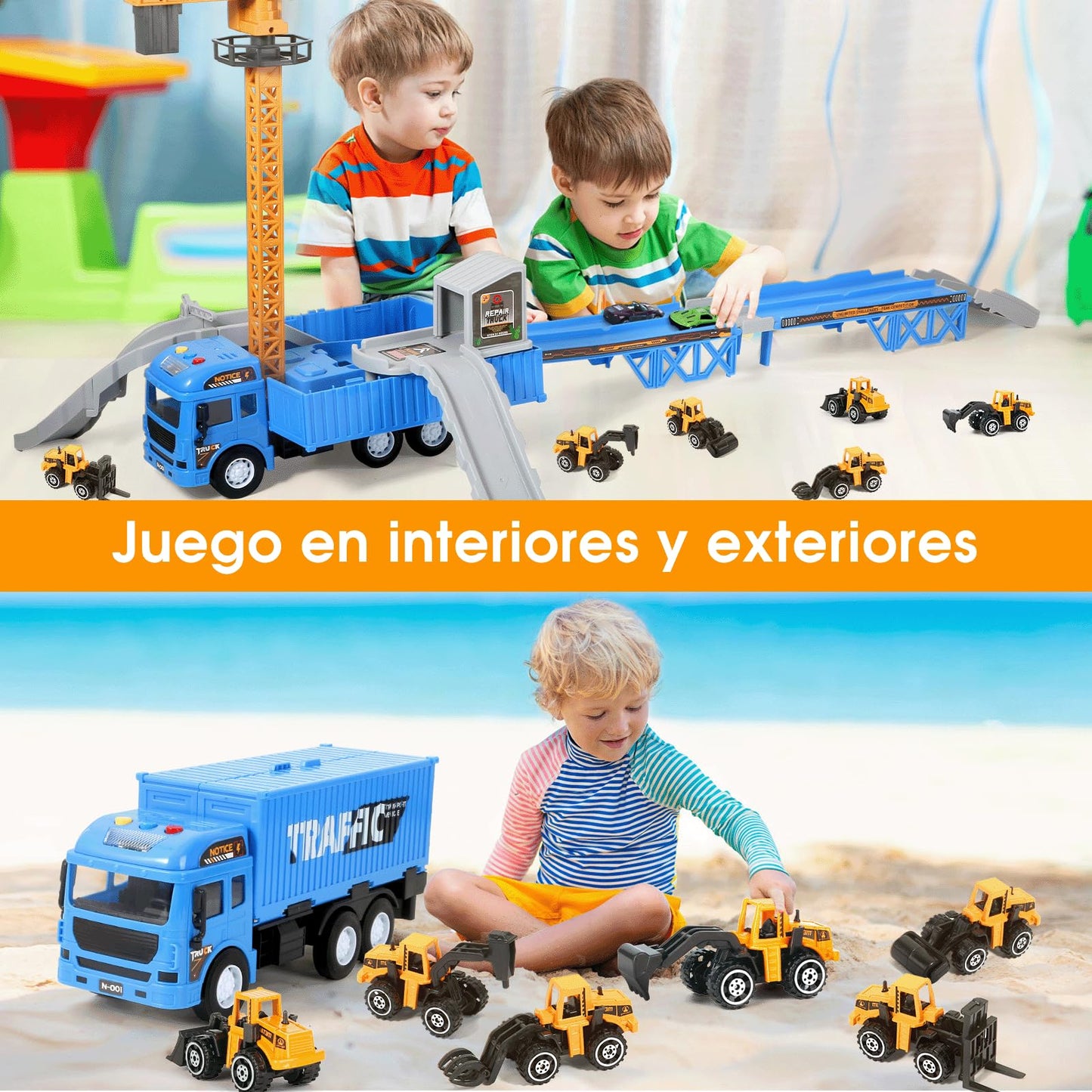 MOONTOY Construcción Camión Vehículos de Juguete con Luces y Sonidos Camión de Juguete con Eyección Pista Grúa de Juguete Grande Excavadora Juguete Cumpleaño Regalo para 3 4 5 6 7 8+ Años