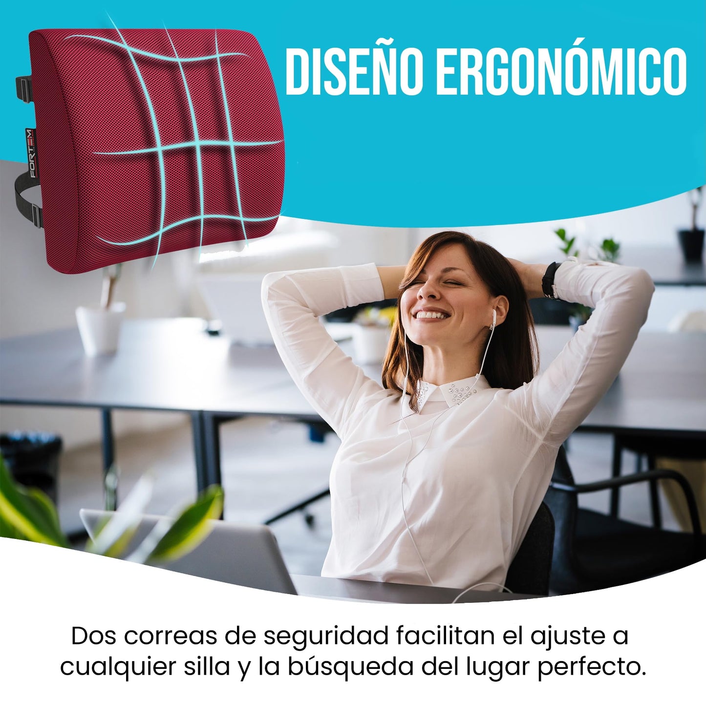 FORTEM Cojín Lumbar Ergonómico para Silla de Oficina, Coche y Gaming, con Espuma Viscoelástica de Alta Densidad y Funda Lavable, Respaldo Ortopédico para Mayor Comodidad