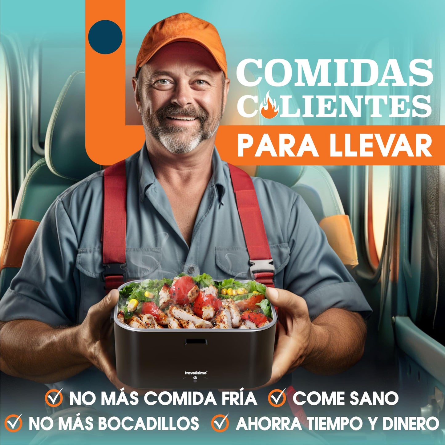 TRAVELISIMO - Fiambrera Electrica Extra Grande 1,8L - Taper Electrico para Comida 80W - Fiambrera Termica 3 en 1 12V/24V/220V - Fiambreras Comida Trabajo para Coche, Camión - Acero Inoxidable