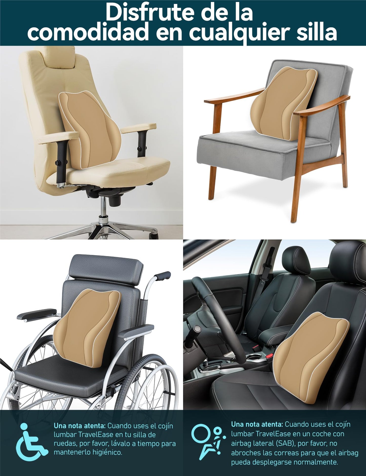 Travel Ease Cojín de Soporte Lumbar Ergonómico, Respaldo de Espuma Viscoelástica para Asiento de Automóvil, Silla de Oficina, Respaldo con Cubierta Antiestática y Correas Ajustables Dobles, Negro