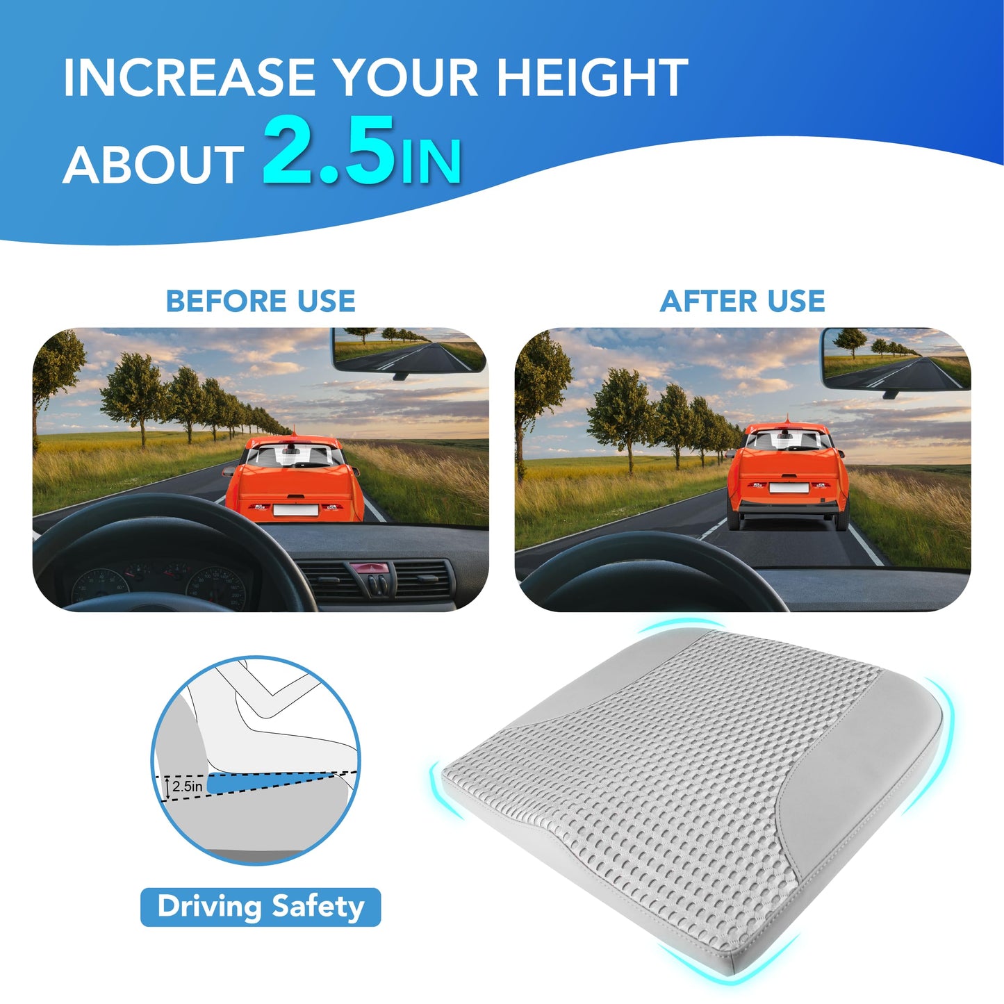 Cojín de asiento de coche: cómodo cojín de espuma viscoelástica para conducir, para aliviar el dolor de ciática, tahone, cojín de asiento para coche, camión, oficina, silla de ruedas, cuero y malla 4D