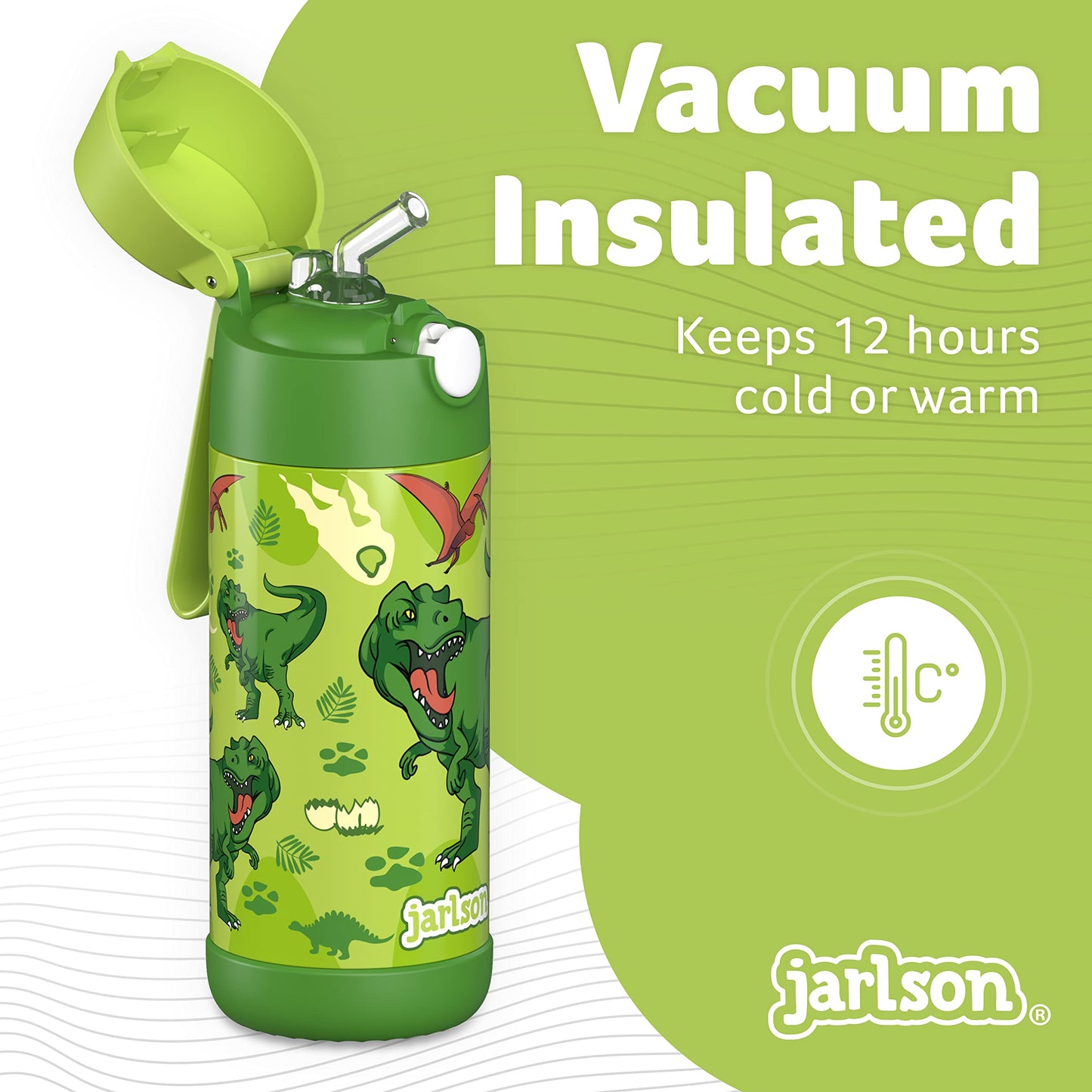 Jarlson®, Botella térmica de acero inoxidable, para niños, libre de BPA, botella para bebidas con pajilla, termo de 500 ml (Camión de bomberos rojo, 500 ml)