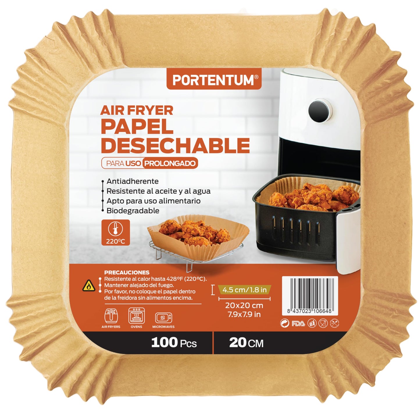 PORTENTUM Papel freidora aire 100 unidades de 20-24 cm Cuadrado. Papel Air Fryer Grado alimenticio BPA free, FDA y LFGB
