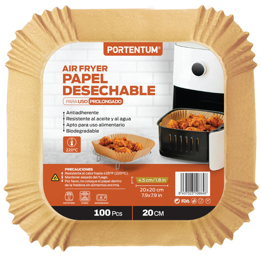 PORTENTUM Papel freidora aire 100 unidades de 20-24 cm Cuadrado. Papel Air Fryer Grado alimenticio BPA free, FDA y LFGB