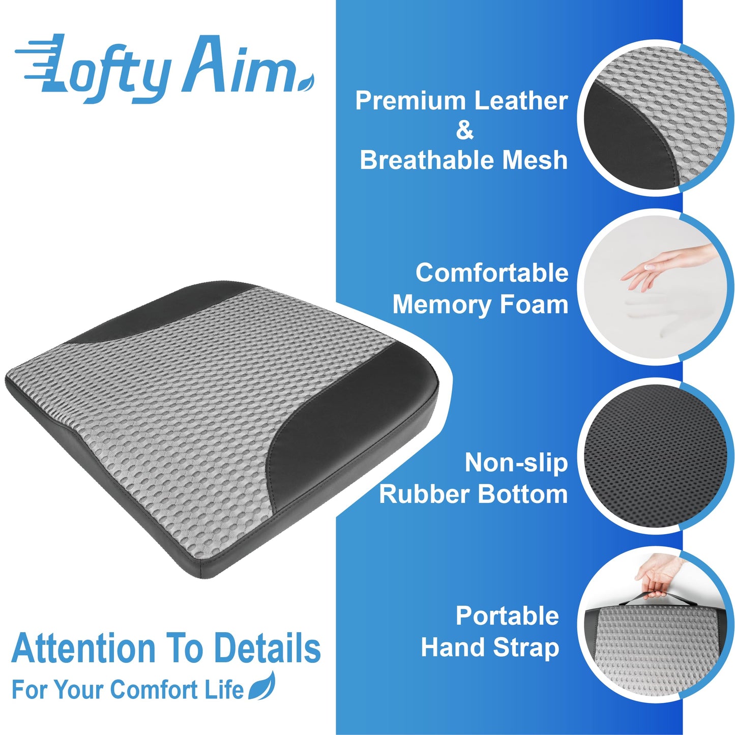 Cojín de asiento de coche: cómodo cojín de espuma viscoelástica para conducir, para aliviar el dolor de ciática, tahone, cojín de asiento para coche, camión, oficina, silla de ruedas, cuero y malla 4D