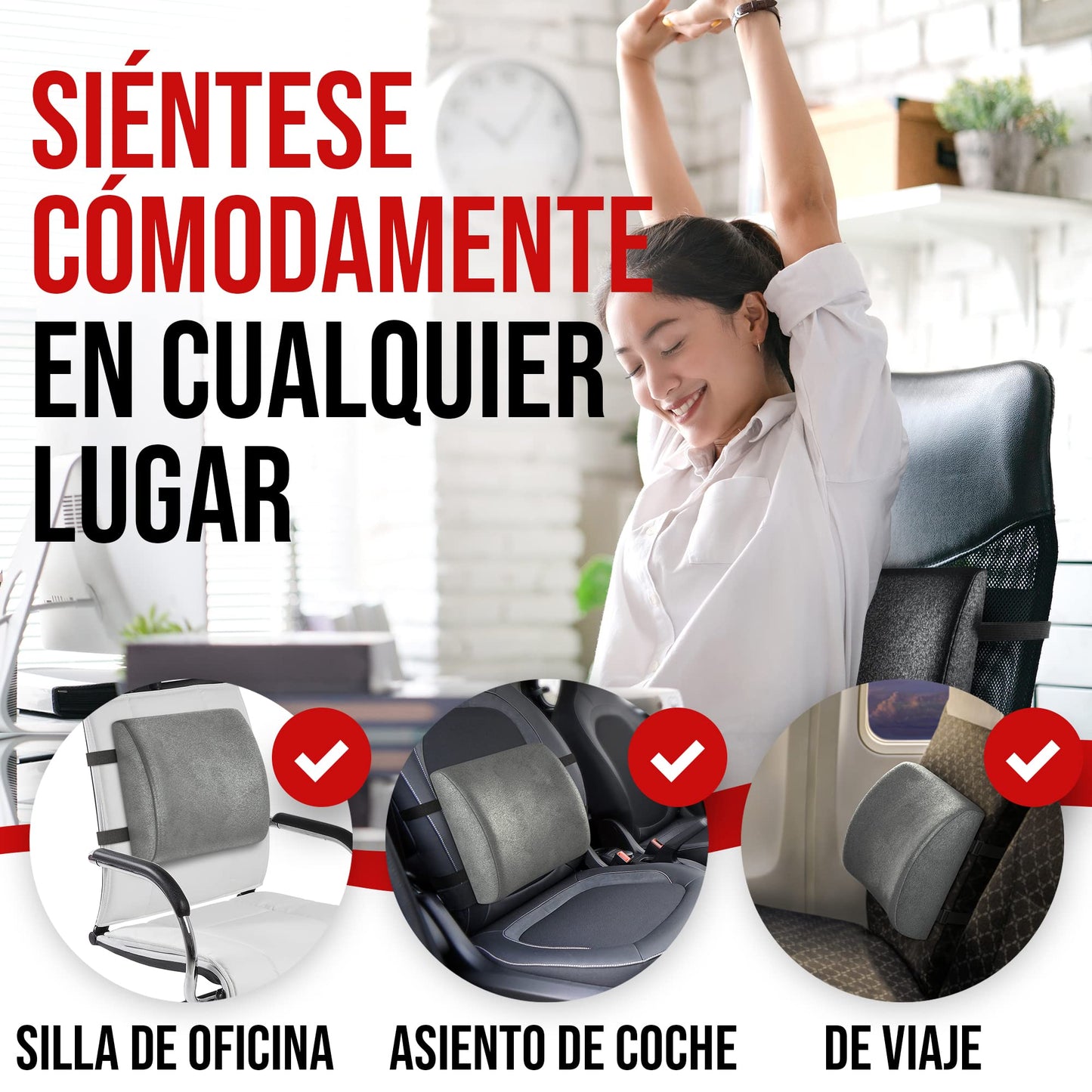 FORTEM Cojín Lumbar Ergonómico para Silla de Oficina, Coche y Gaming, con Espuma Viscoelástica de Alta Densidad y Funda Lavable, Respaldo Ortopédico para Mayor Comodidad