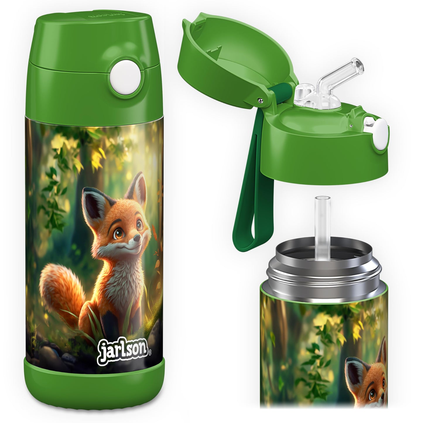 Jarlson®, Botella térmica de acero inoxidable, para niños, libre de BPA, botella para bebidas con pajilla, termo de 500 ml (Camión de bomberos rojo, 500 ml)