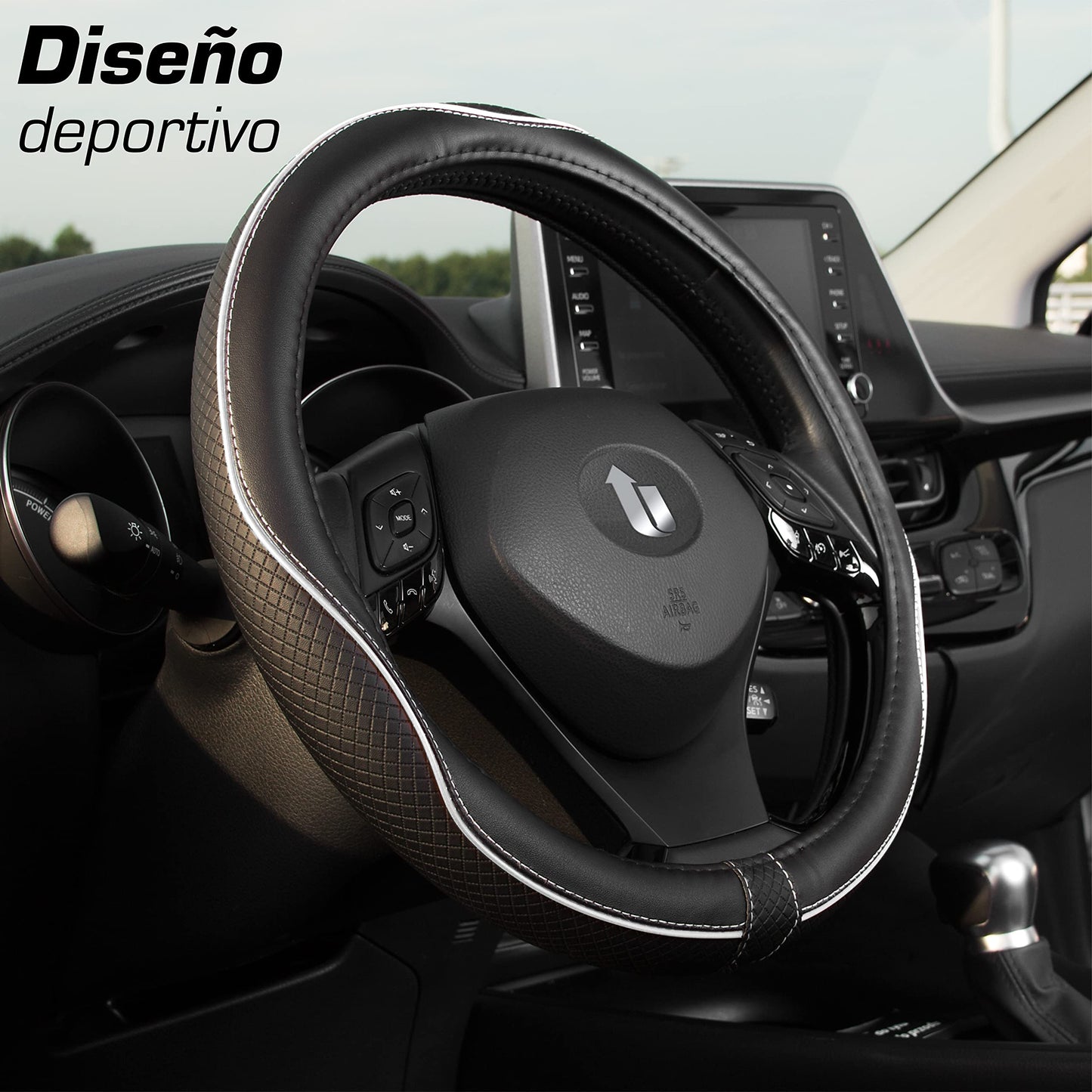 Upgrade4cars Funda Volante Coche Azul Negro Universal Poli-Piel | Cubre 37-38 cm Diámetro Exterior | Accesorios Coches Interior Decoracion Cubierta | Ideas Regalos