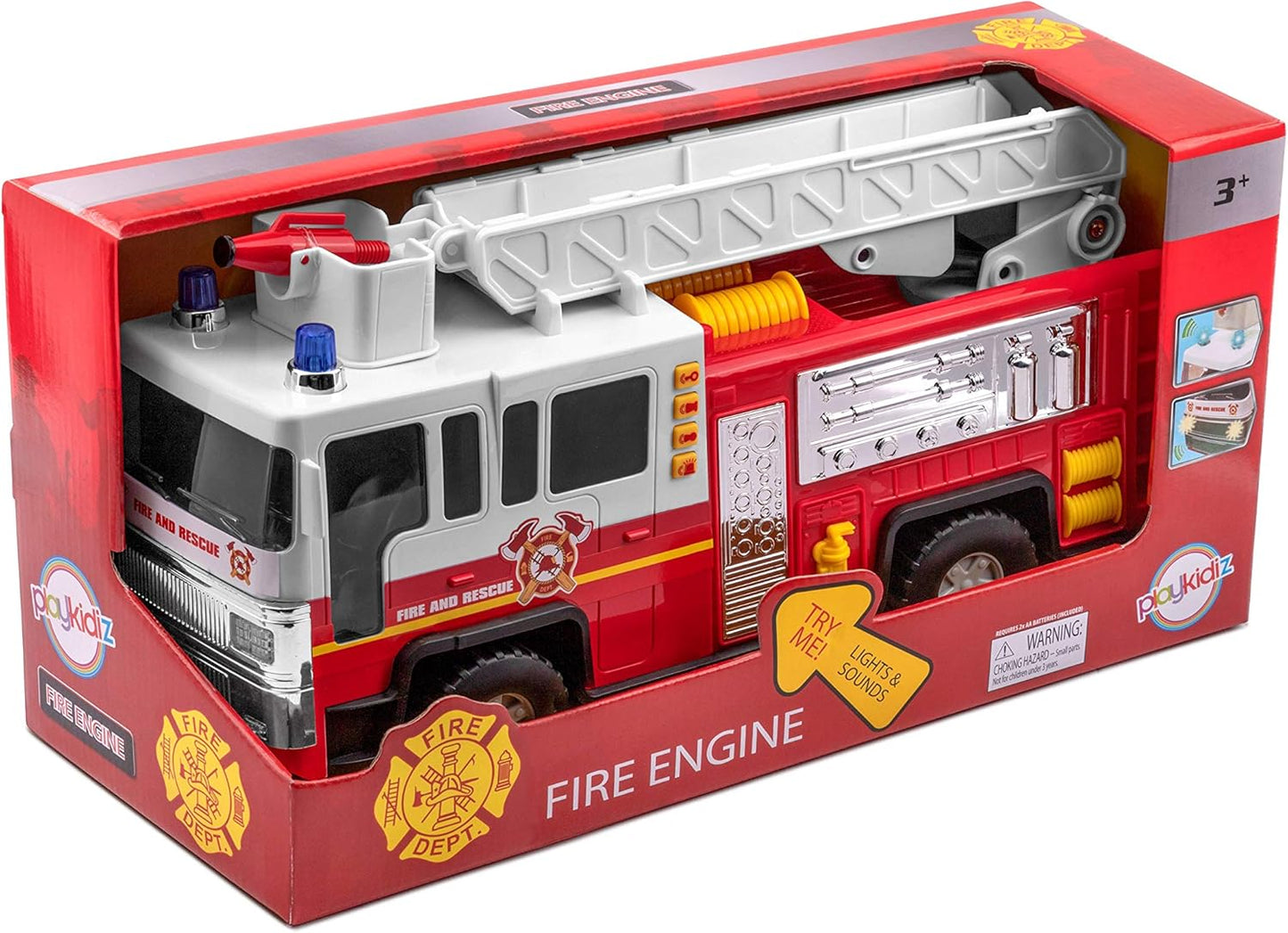 Playkidiz 15 Pulgada Juguete de camión de Bomberos para niños con Luces y Sonidos de Sirena, clásico Rojo y Blanco vehículo, Interactivo Jugar Escalera móvil, diversión de Aprendizaje temprano