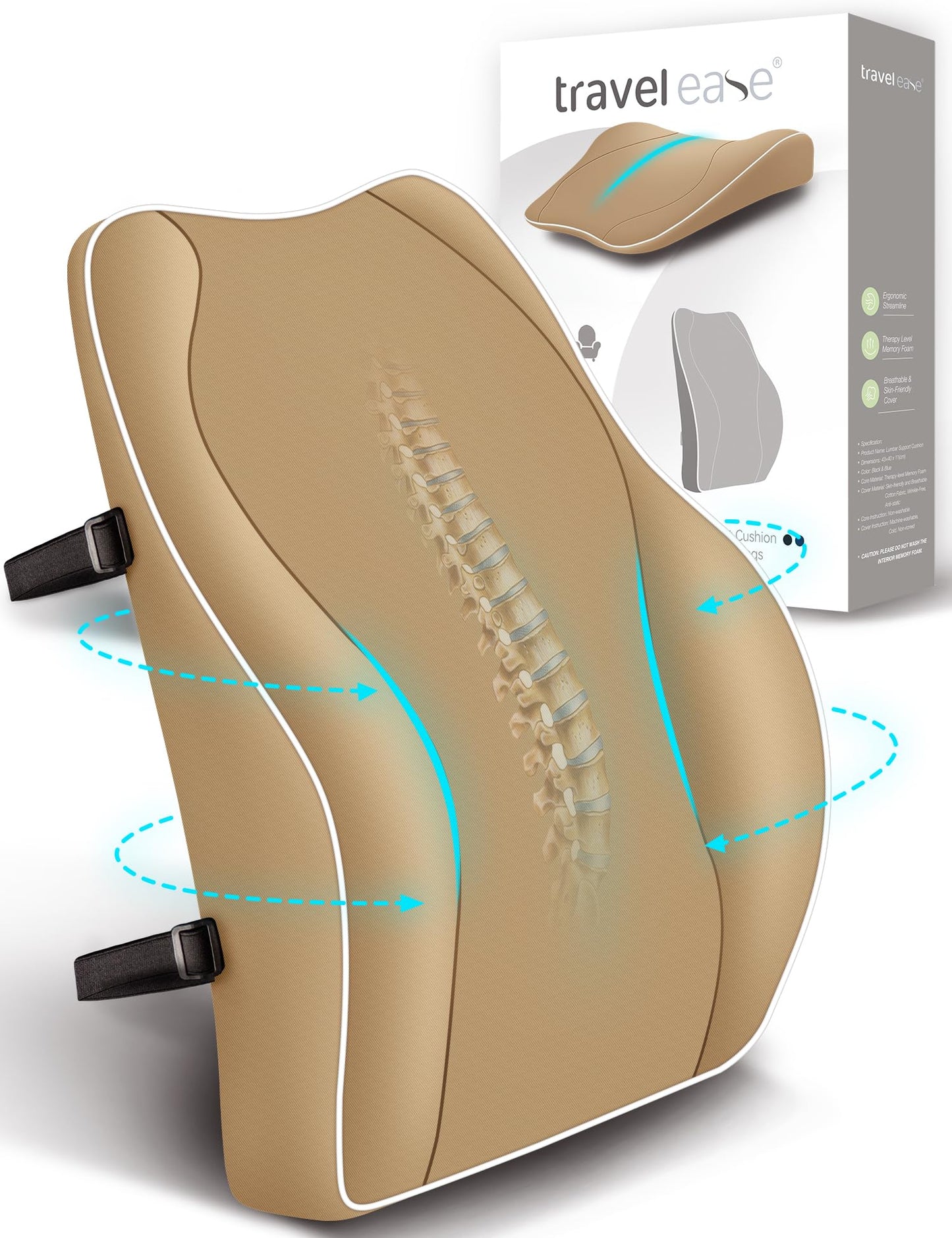 Travel Ease Cojín de Soporte Lumbar Ergonómico, Respaldo de Espuma Viscoelástica para Asiento de Automóvil, Silla de Oficina, Respaldo con Cubierta Antiestática y Correas Ajustables Dobles, Negro