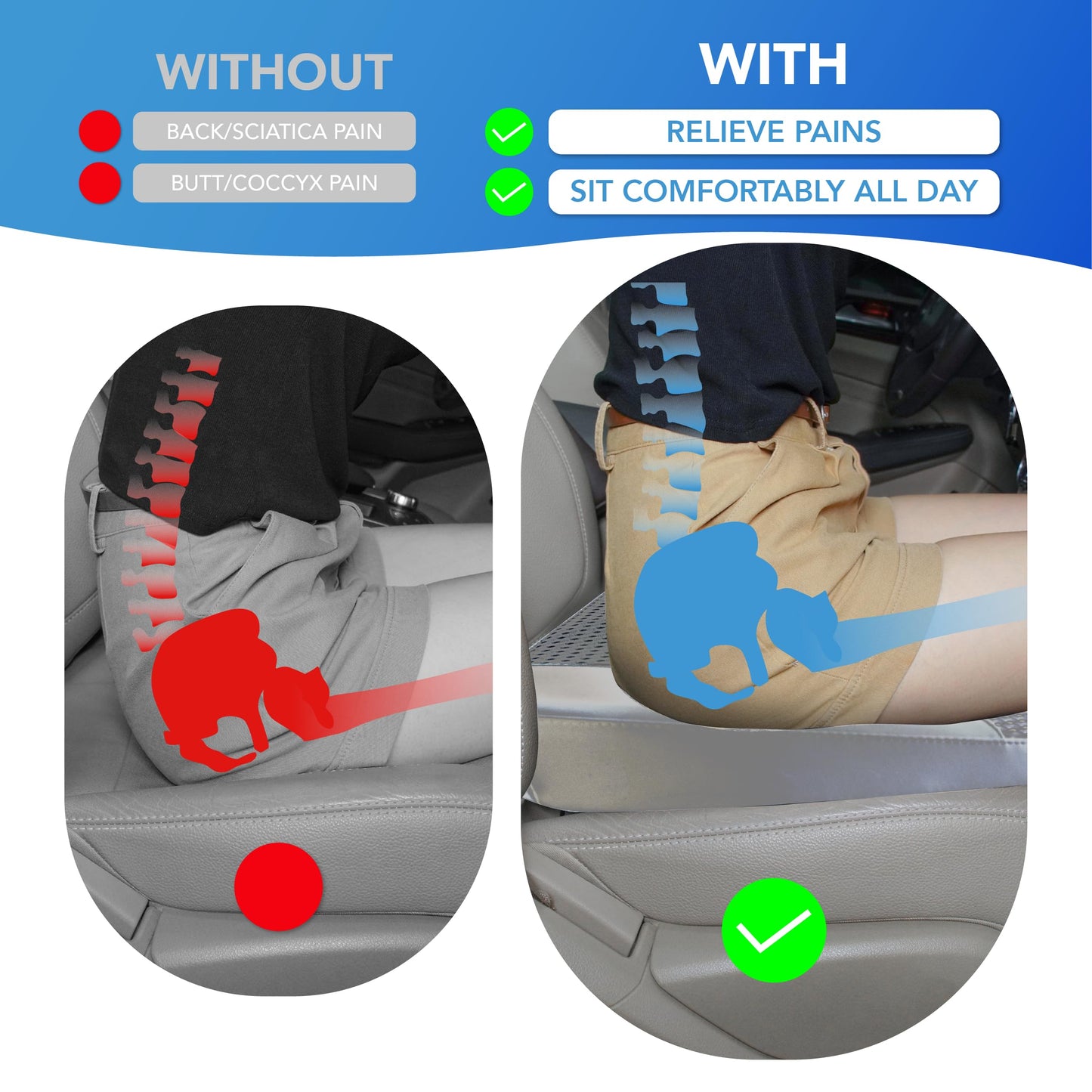 Cojín de asiento de coche: cómodo cojín de espuma viscoelástica para conducir, para aliviar el dolor de ciática, tahone, cojín de asiento para coche, camión, oficina, silla de ruedas, cuero y malla 4D