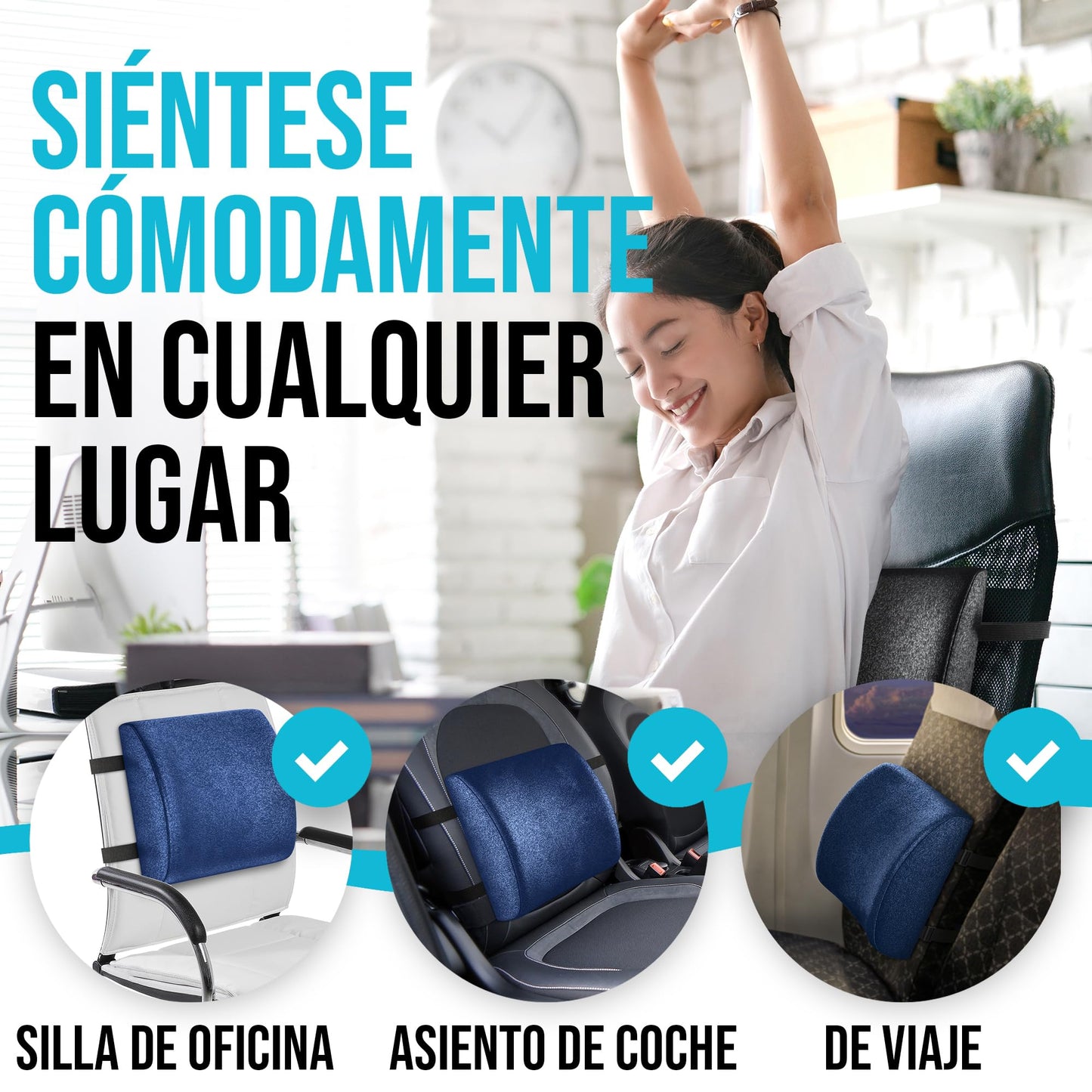 FORTEM Cojín Lumbar Ergonómico para Silla de Oficina, Coche y Gaming, con Espuma Viscoelástica de Alta Densidad y Funda Lavable, Respaldo Ortopédico para Mayor Comodidad