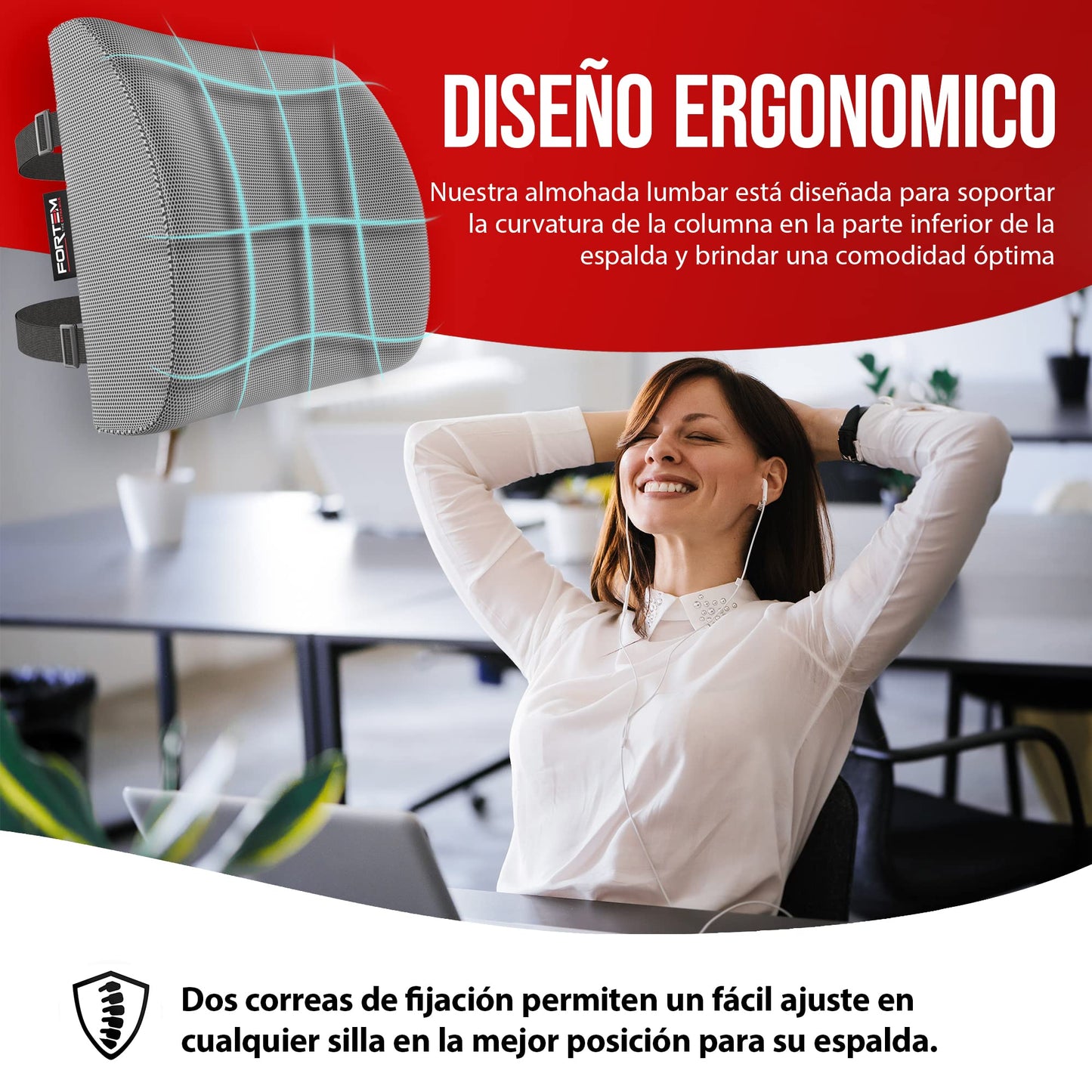 FORTEM Cojín Lumbar Ergonómico para Silla de Oficina, Coche y Gaming, con Espuma Viscoelástica de Alta Densidad y Funda Lavable, Respaldo Ortopédico para Mayor Comodidad