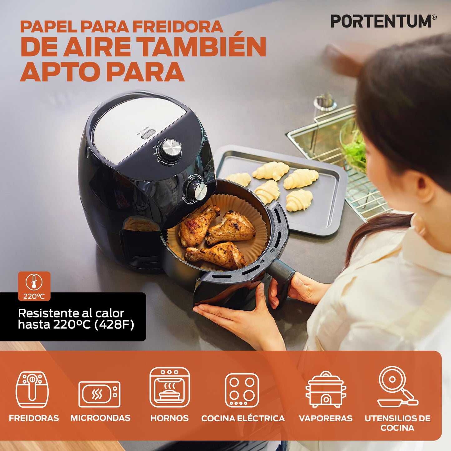 PORTENTUM Papel freidora aire 100 unidades de 20-24 cm Cuadrado. Papel Air Fryer Grado alimenticio BPA free, FDA y LFGB