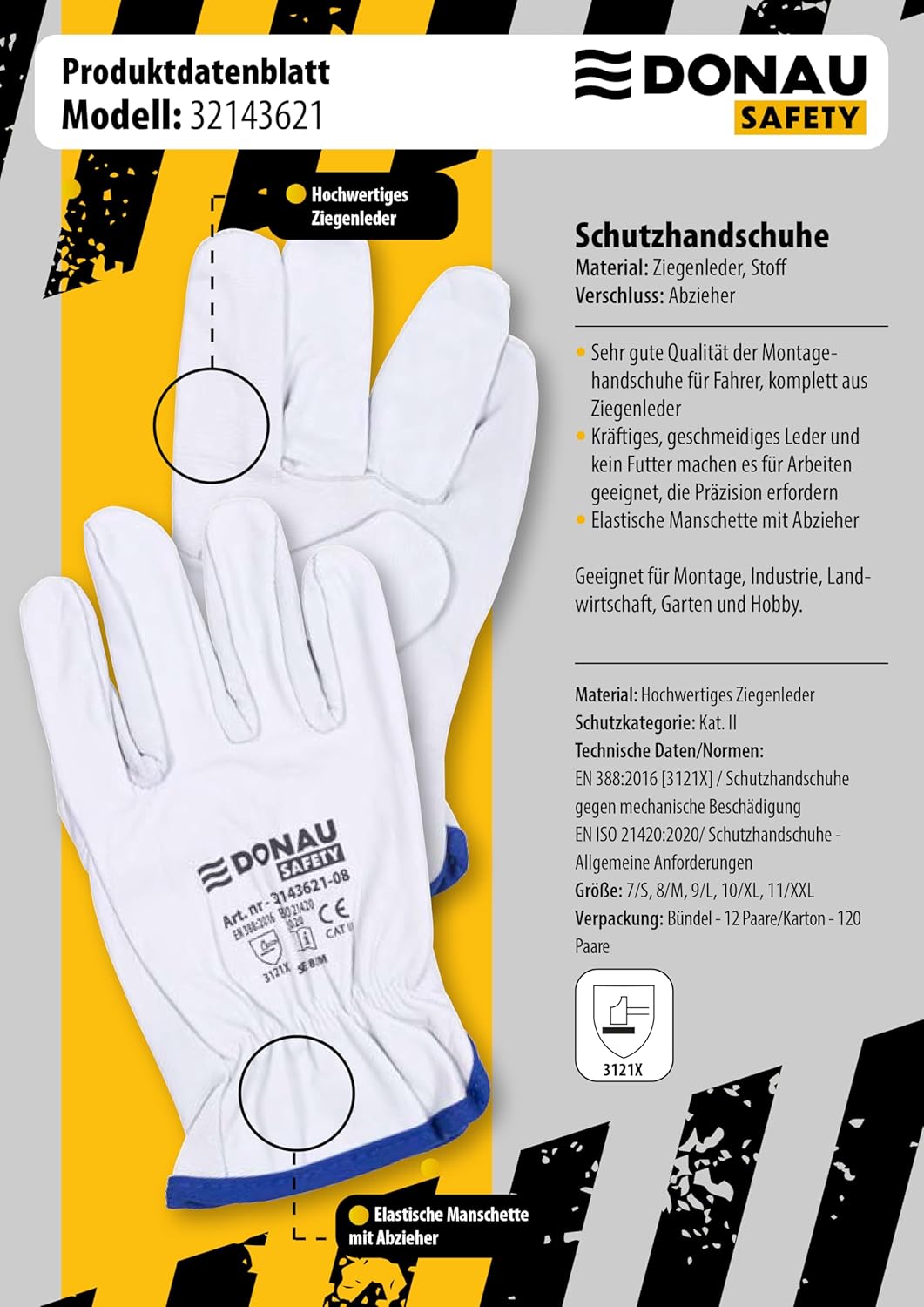 DONAU SAFETY Guantes de trabajo premium de piel de cabra / 1 par/talla 11/XXL/blanco/guantes de piel con muñeca elástica, guantes de montaje, guantes de seguridad para conductor, guantes de seguridad