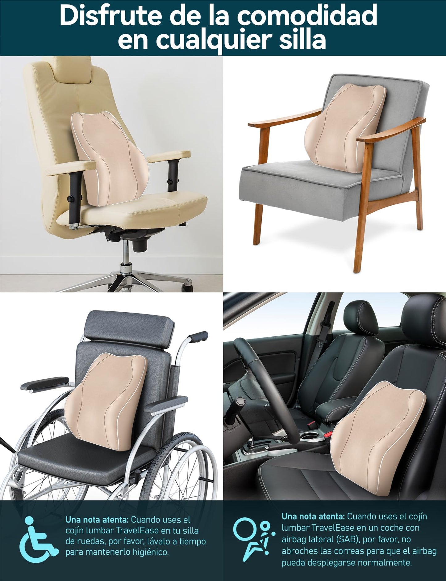 Travel Ease Cojín de Soporte Lumbar Ergonómico, Respaldo de Espuma Viscoelástica para Asiento de Automóvil, Silla de Oficina, Respaldo con Cubierta Antiestática y Correas Ajustables Dobles, Negro
