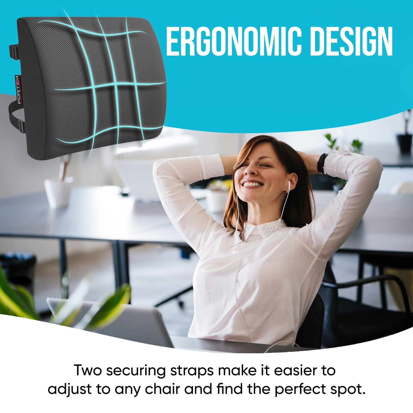 FORTEM Cojín Lumbar Ergonómico para Silla de Oficina, Coche y Gaming, con Espuma Viscoelástica de Alta Densidad y Funda Lavable, Respaldo Ortopédico para Mayor Comodidad
