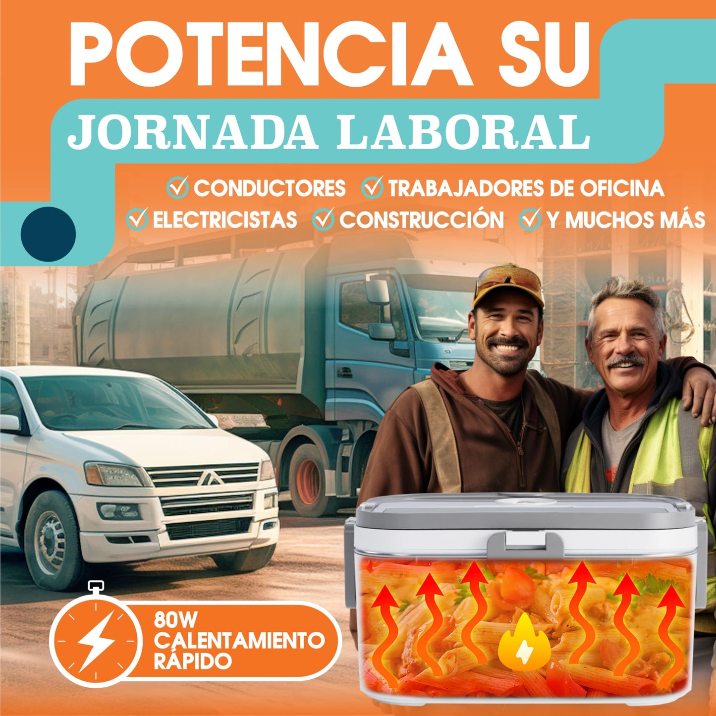 TRAVELISIMO - Fiambrera Electrica Extra Grande 1,8L - Taper Electrico para Comida 80W - Fiambrera Termica 3 en 1 12V/24V/220V - Fiambreras Comida Trabajo para Coche, Camión - Acero Inoxidable