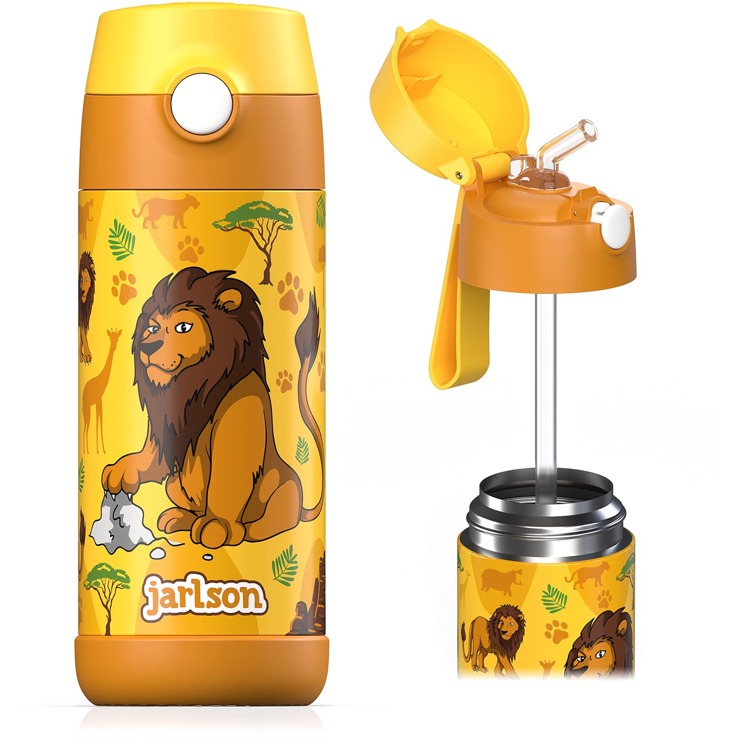 Jarlson®, Botella térmica de acero inoxidable, para niños, libre de BPA, botella para bebidas con pajilla, termo de 500 ml (Camión de bomberos rojo, 500 ml)