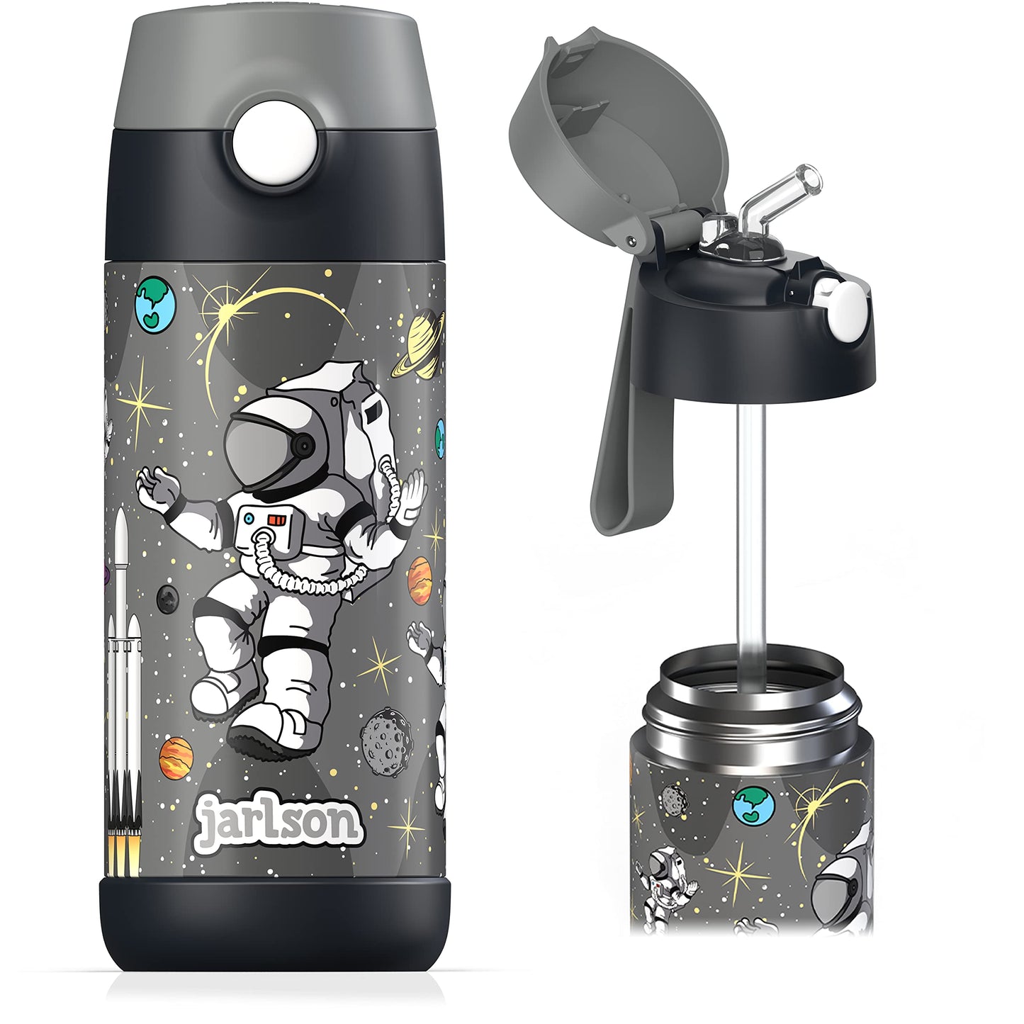 Jarlson®, Botella térmica de acero inoxidable, para niños, libre de BPA, botella para bebidas con pajilla, termo de 500 ml (Camión de bomberos rojo, 500 ml)