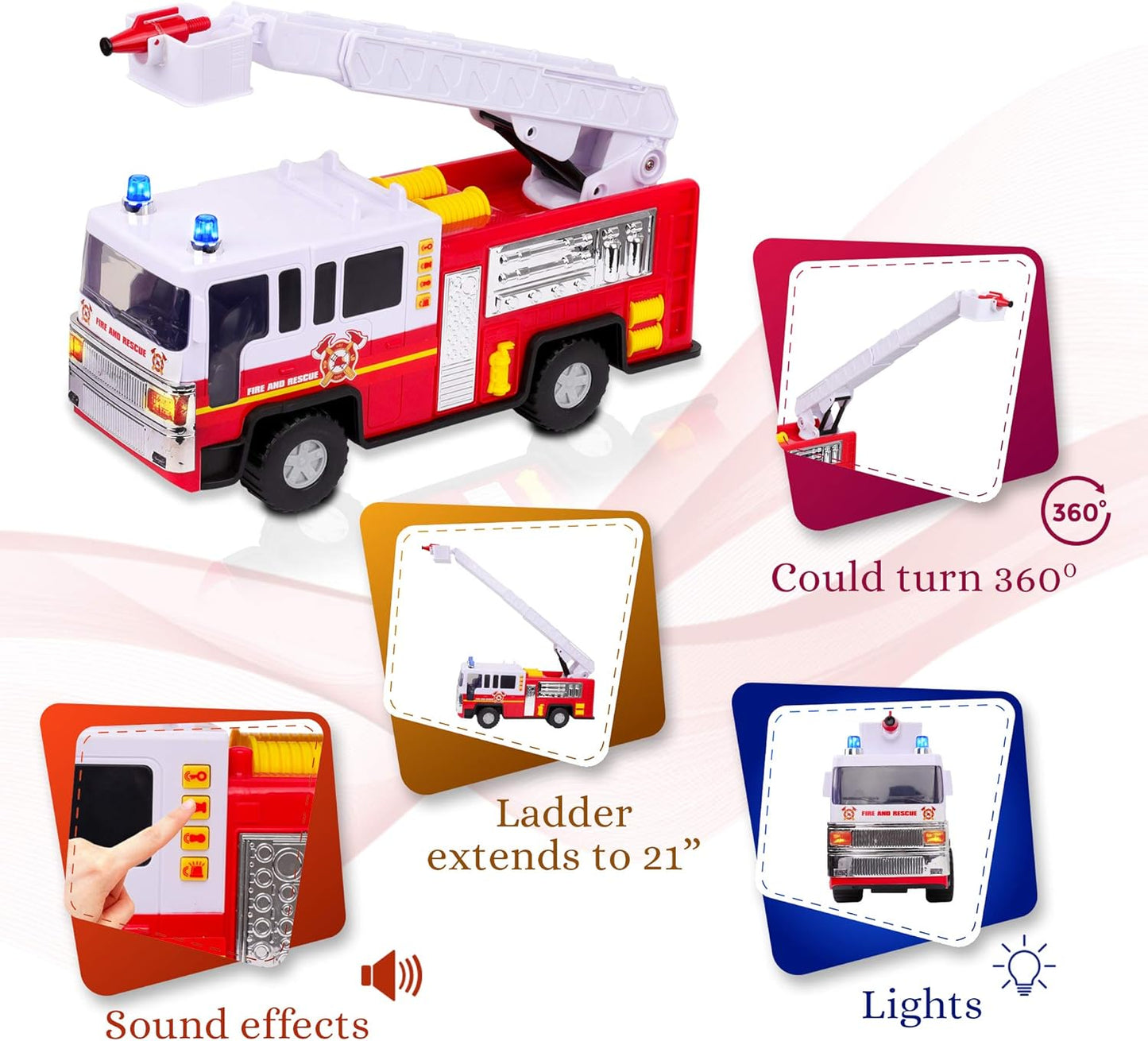 Playkidiz 15 Pulgada Juguete de camión de Bomberos para niños con Luces y Sonidos de Sirena, clásico Rojo y Blanco vehículo, Interactivo Jugar Escalera móvil, diversión de Aprendizaje temprano