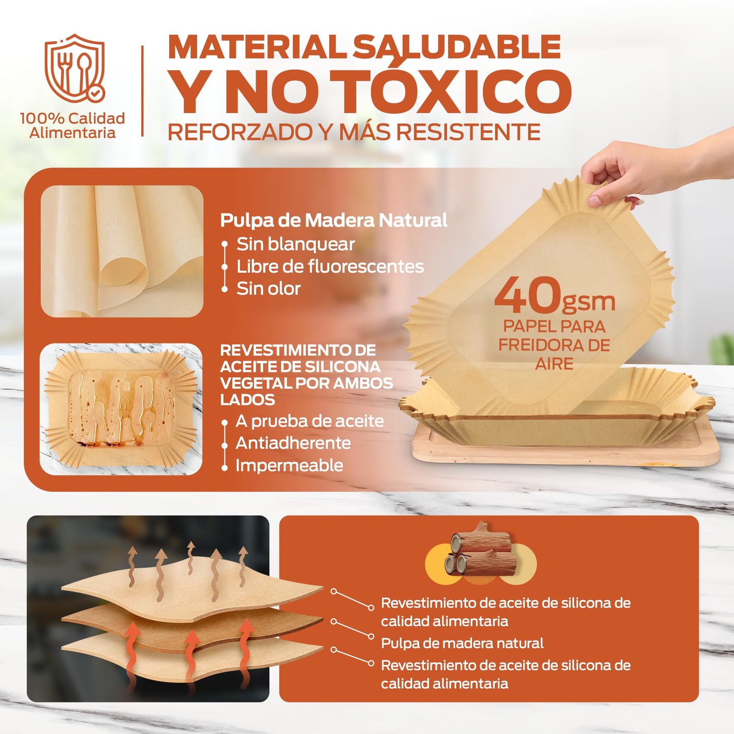 PORTENTUM Papel freidora aire 100 unidades de 20-24 cm Cuadrado. Papel Air Fryer Grado alimenticio BPA free, FDA y LFGB