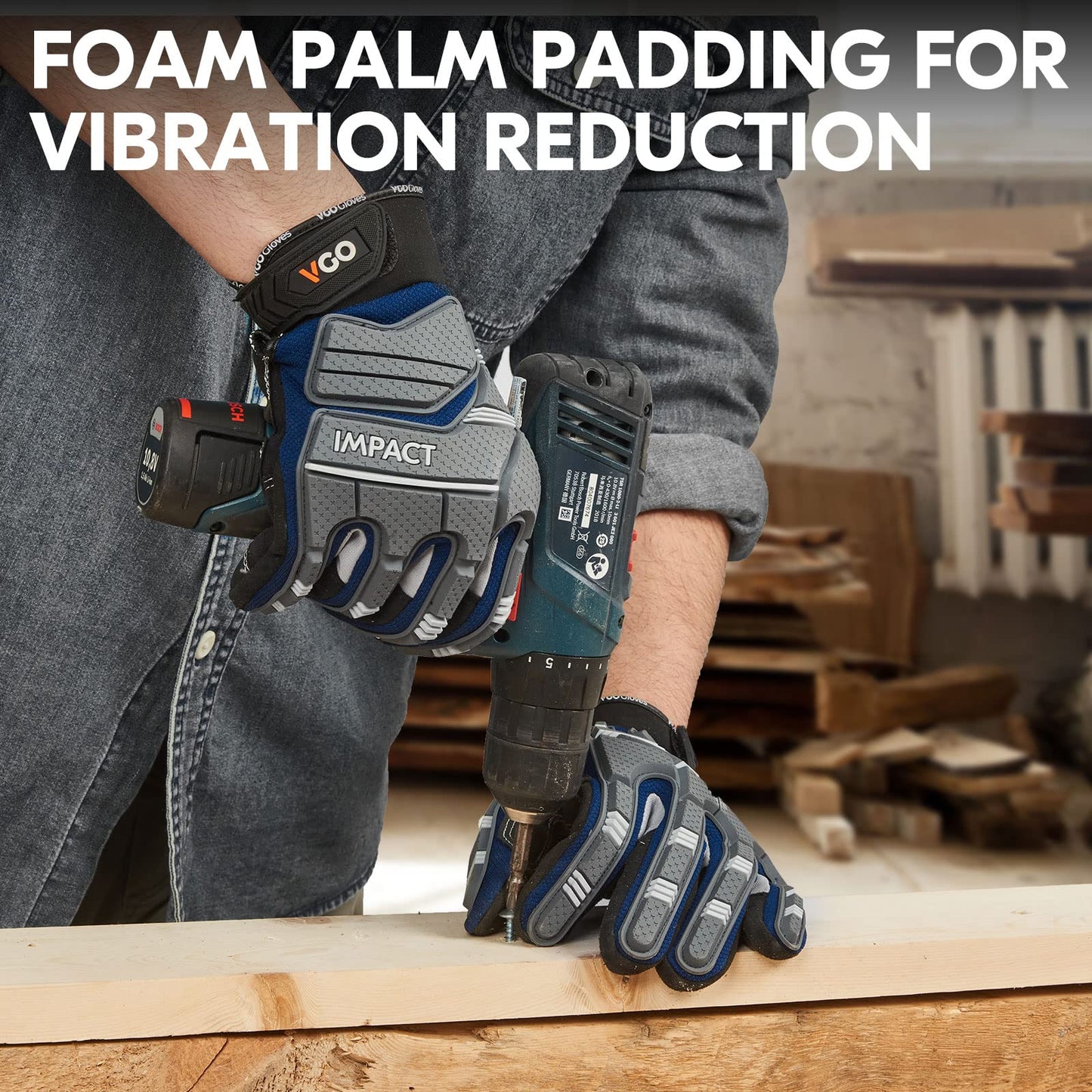 Vgo... Guantes de Trabajo Pesado Hombre Touchscreen para Carpintería Almacén Camionero, Guantes Antivibración Multiusos, 1 par
