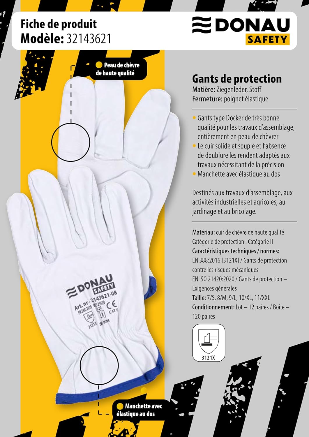 DONAU SAFETY Guantes de trabajo premium de piel de cabra / 1 par/talla 11/XXL/blanco/guantes de piel con muñeca elástica, guantes de montaje, guantes de seguridad para conductor, guantes de seguridad
