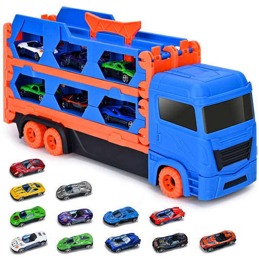 Xoolkly Camiones de Juguete Eyección Pista de Carreras Camión Juguetes Portátil Camión de Transporte Juguetes Niños 3 Años con 12 Mini Vehículos Coches Juguete para Niños 3 4 5 Años, Roja